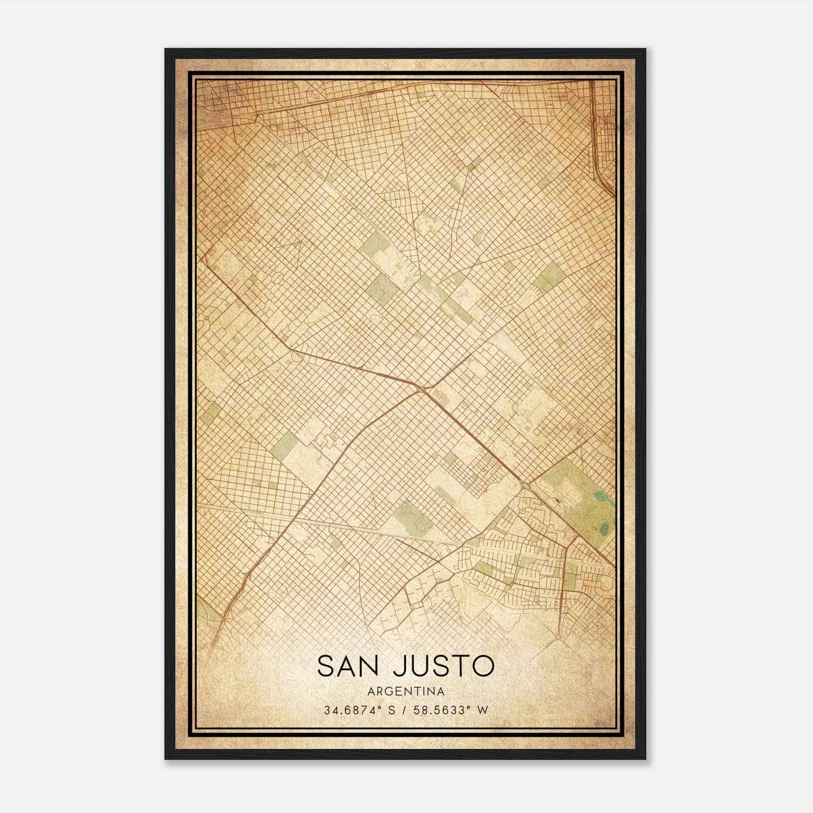 Vintage San Justo Argentina Map Poster, San Justo City Road Wall Art Print