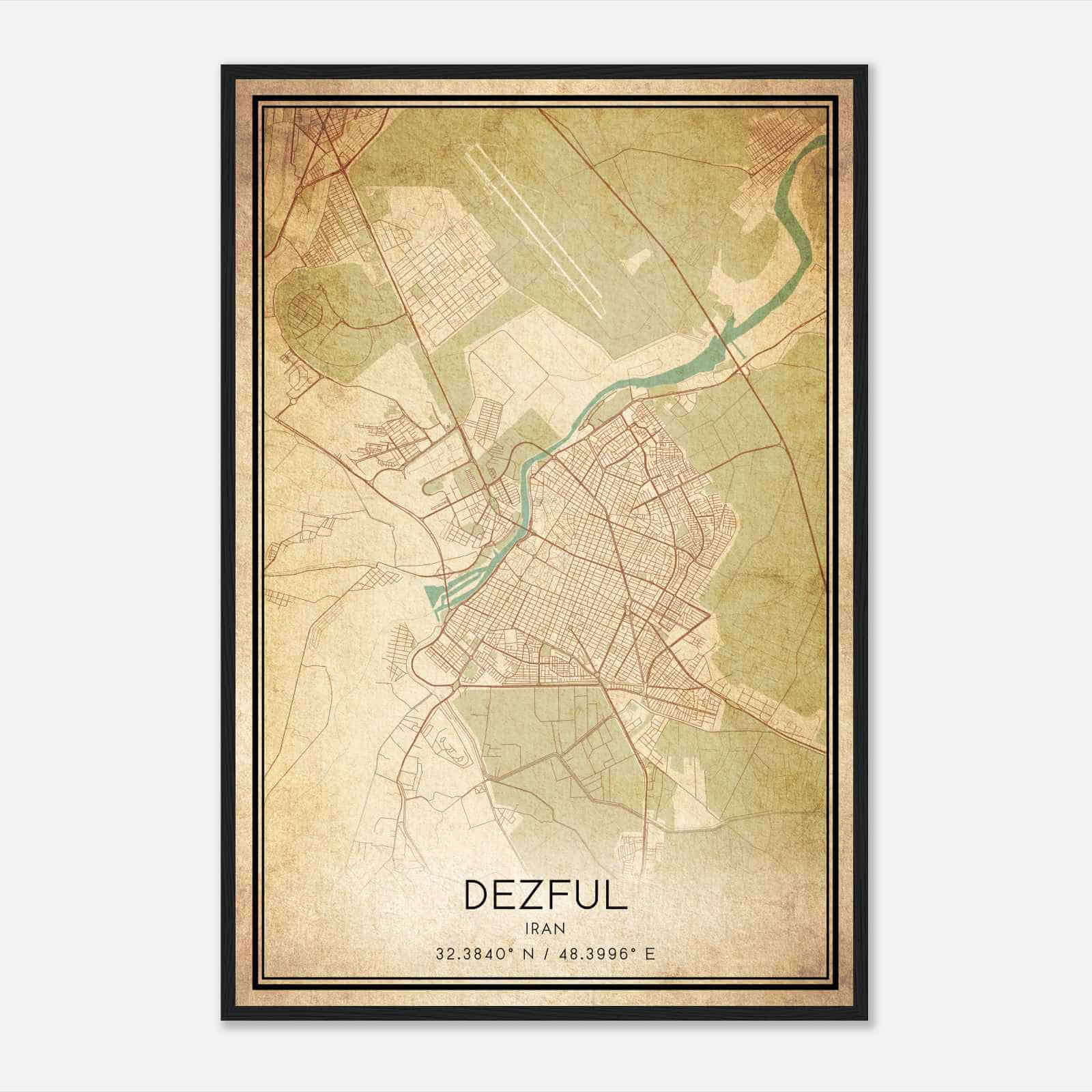 Vintage Dezful Iran Map Poster, Dezful City Road Wall Art Print