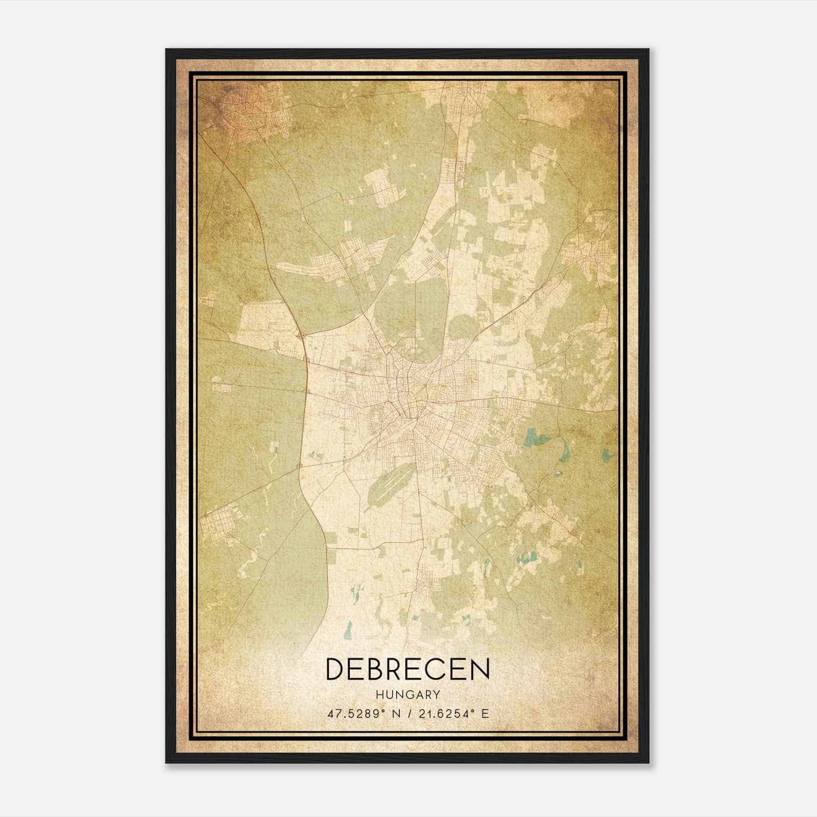 Vintage Debrecen Hungary Map Poster, Debrecen City Road Wall Art Print