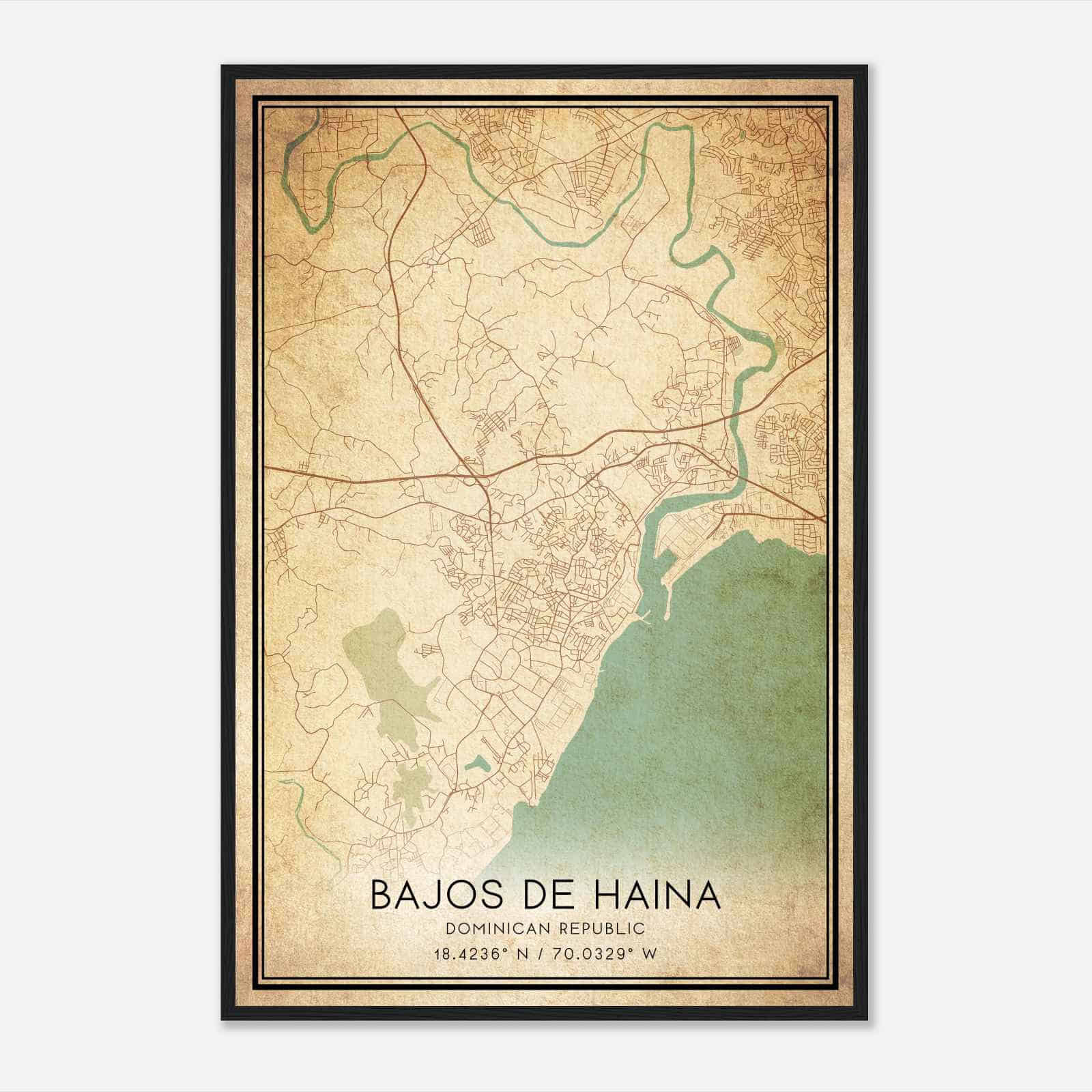 Vintage Bajos de Haina Dominican Republic Map Poster, Bajos de Haina City Road Wall Art Print