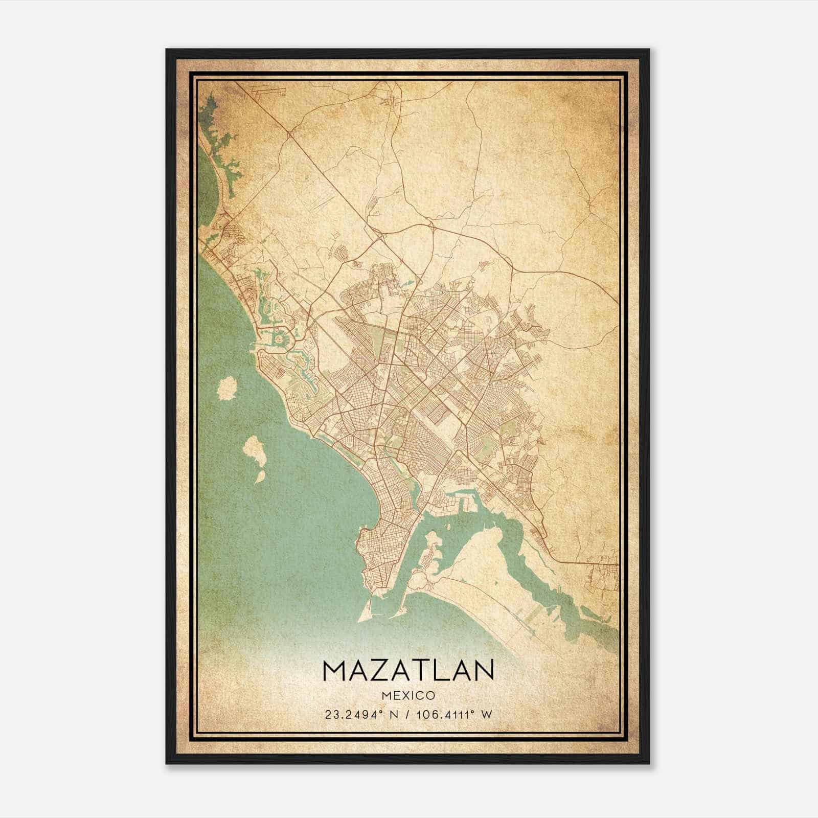 Vintage Mazatlan Mexico Map Poster, Mazatlan City Road Wall Art Print
