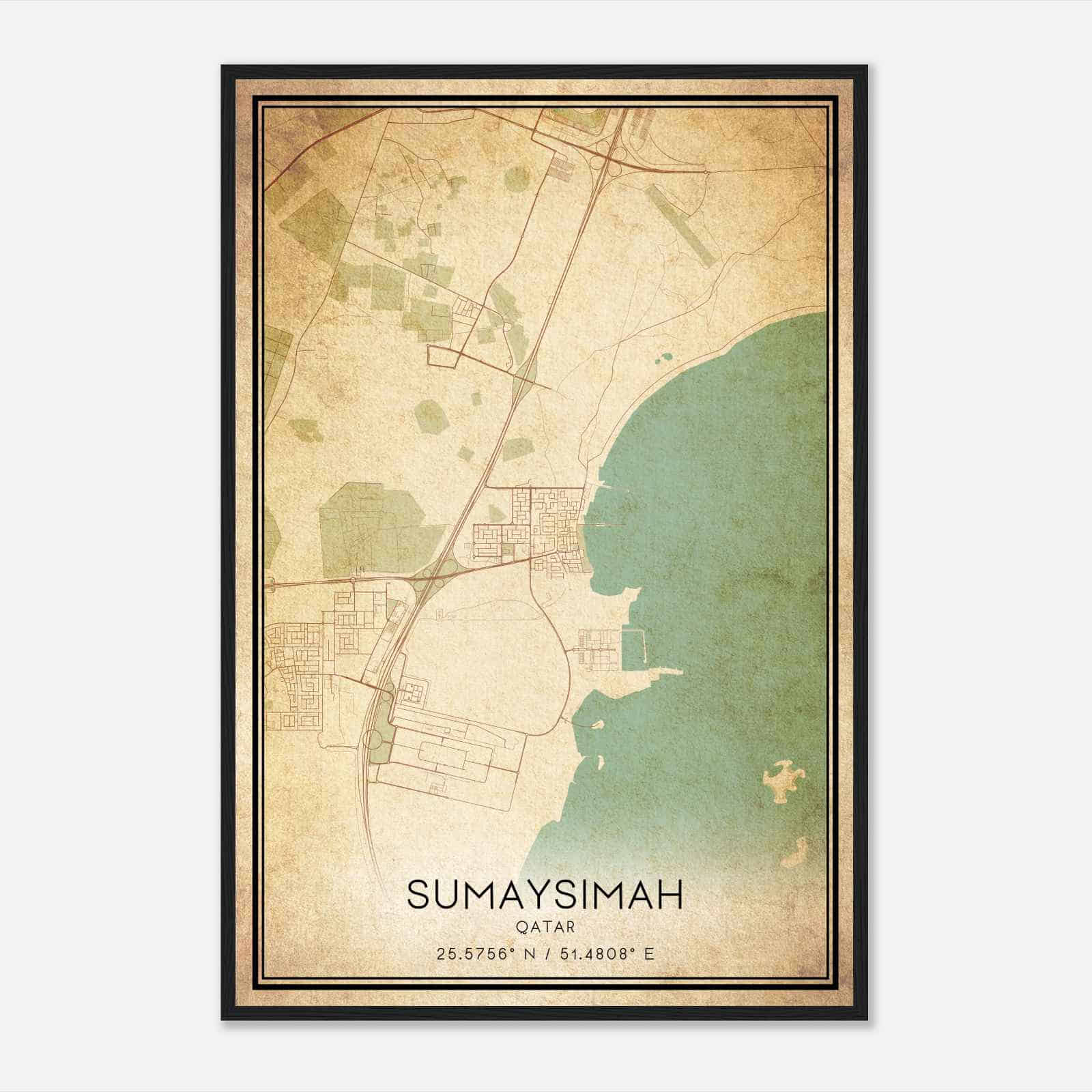 Vintage Sumaysimah Qatar Map Poster, Sumaysimah City Road Wall Art Print