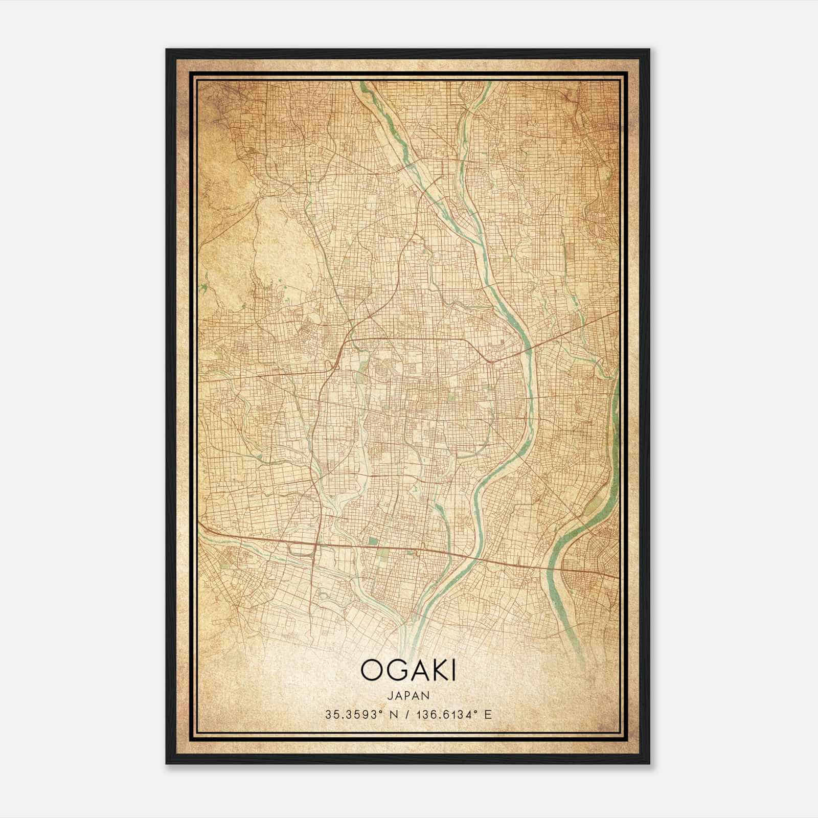 Vintage Ogaki Japan Map Poster, Ogaki City Road Wall Art Print