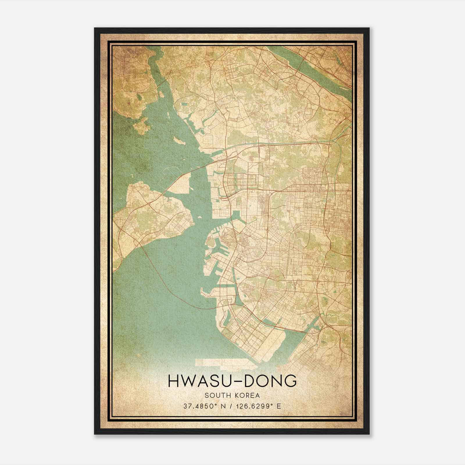Vintage Hwasudong South Korea Map Poster, Hwasudong City Road Wall Art Print