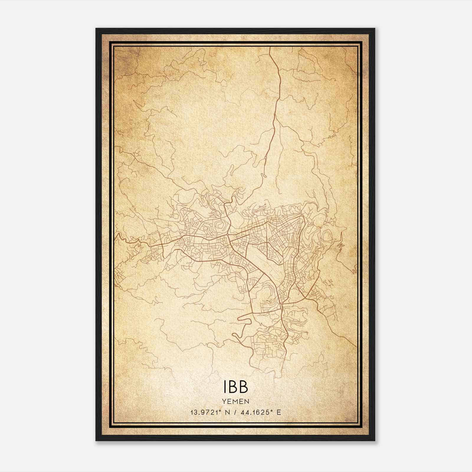 Vintage Ibb Yemen Map Poster, Ibb City Road Wall Art Print
