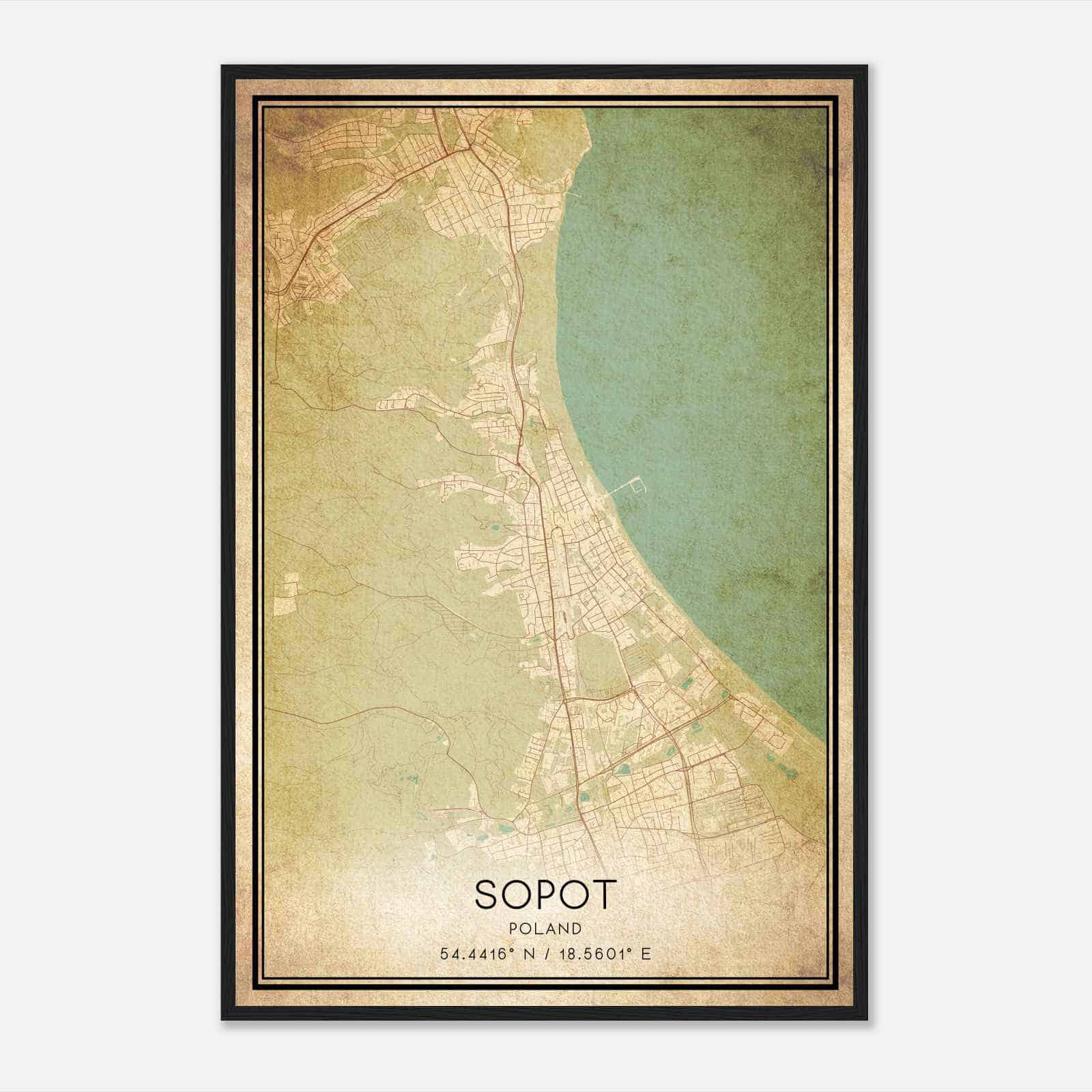 Vintage Sopot Poland Map Poster, Sopot City Road Wall Art Print