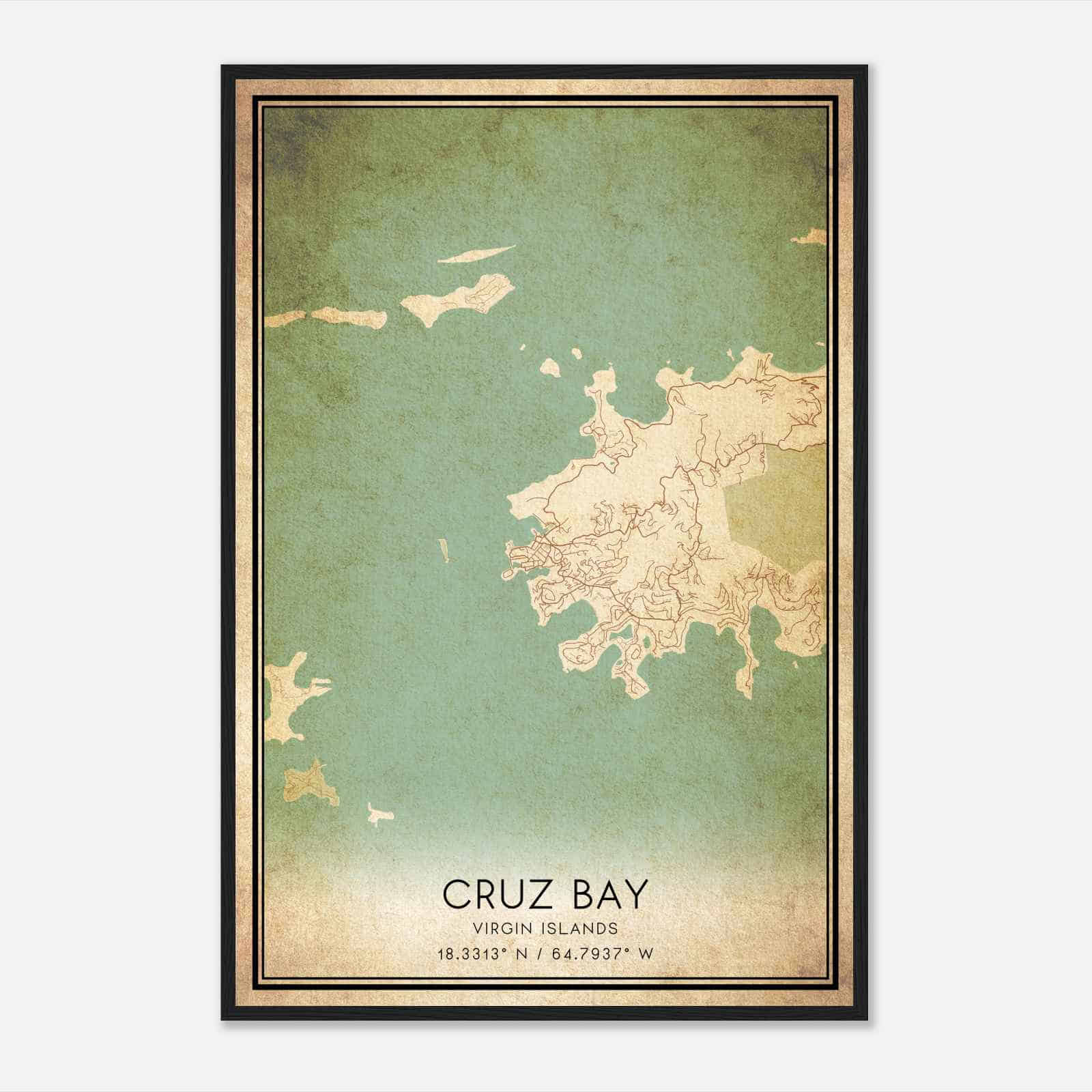 Vintage Cruz Bay Virgin Islands Map Poster, Cruz Bay City Road Wall Art Print