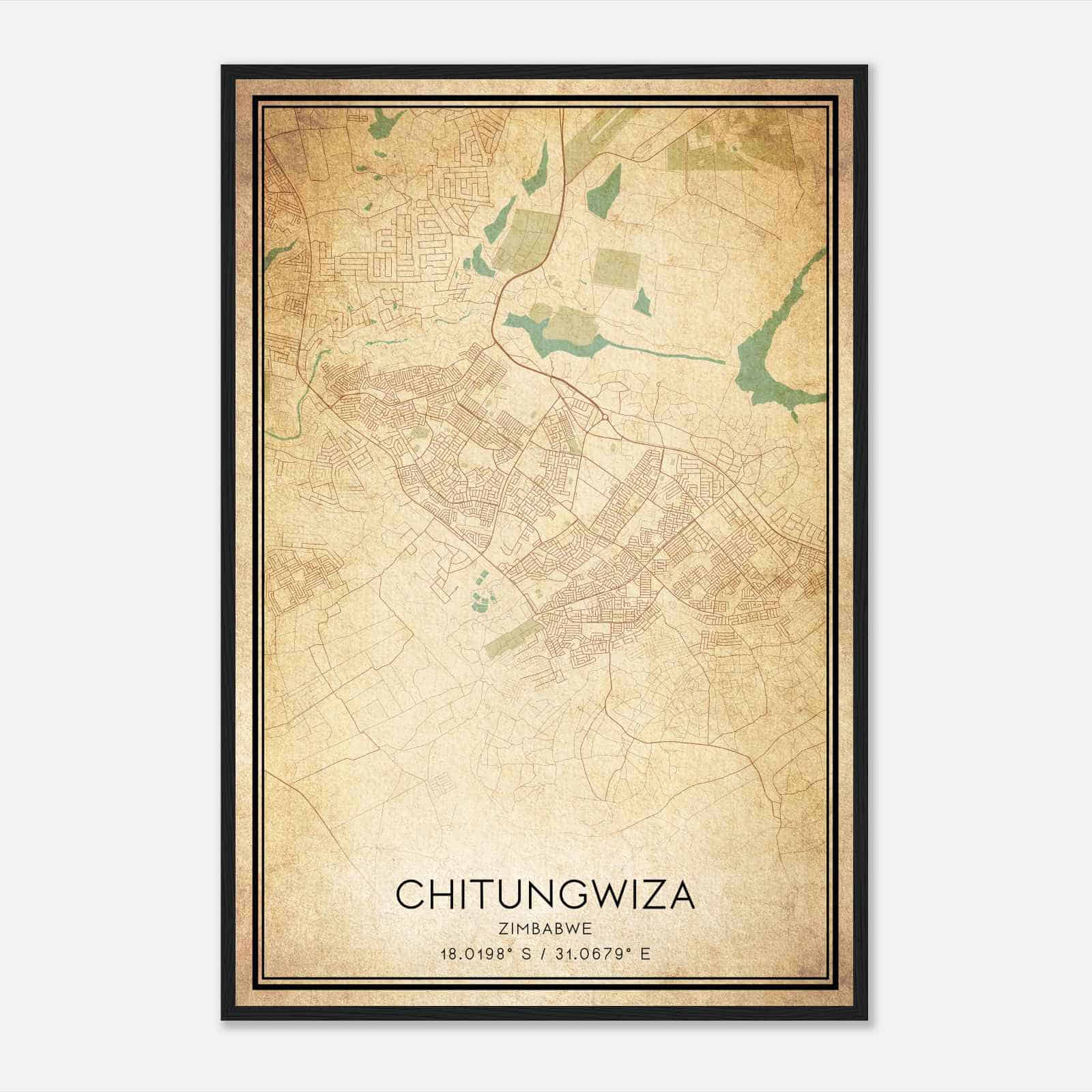 Vintage Chitungwiza Zimbabwe Map Poster, Chitungwiza City Road Wall Art Print