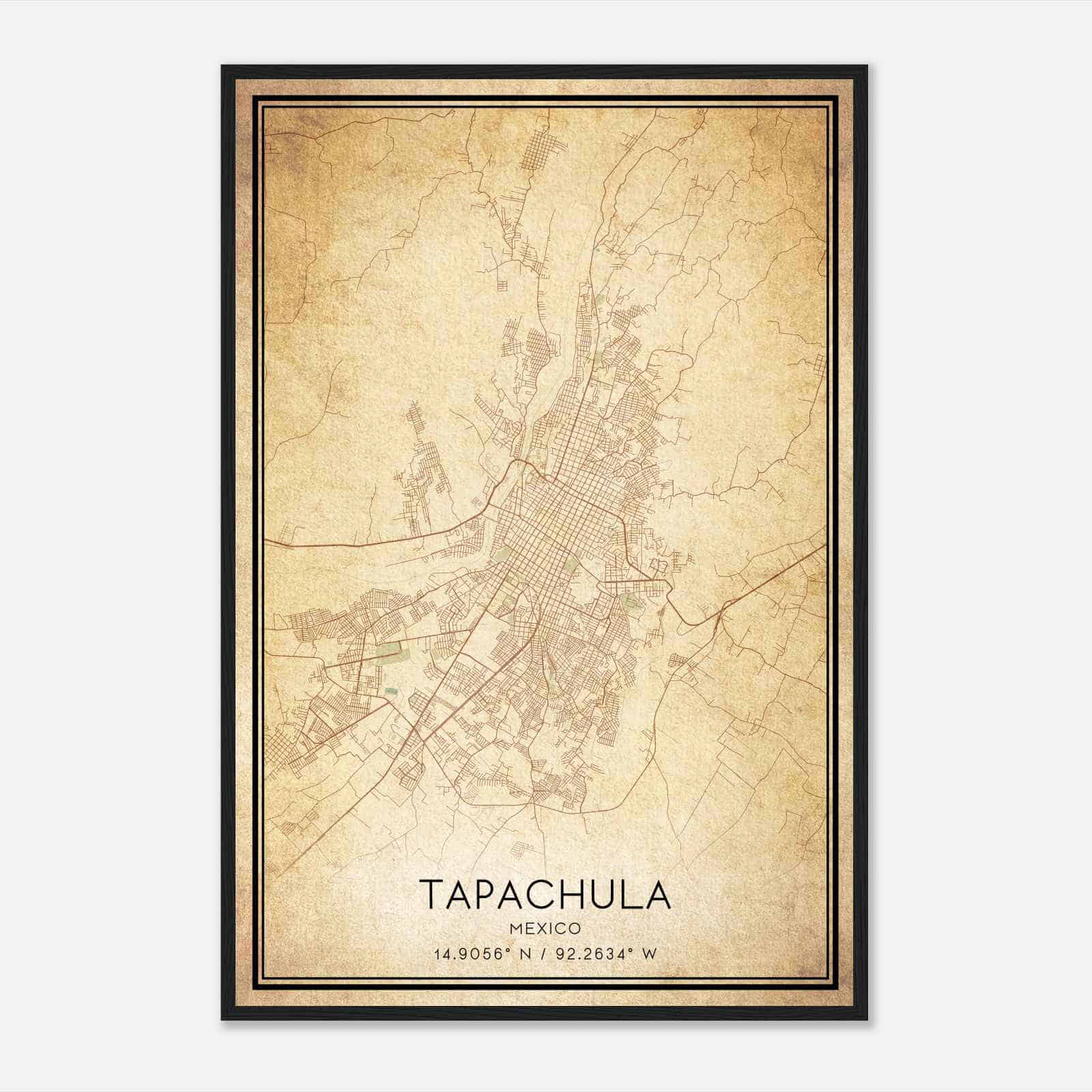 Vintage Tapachula Mexico Map Poster, Tapachula City Road Wall Art Print
