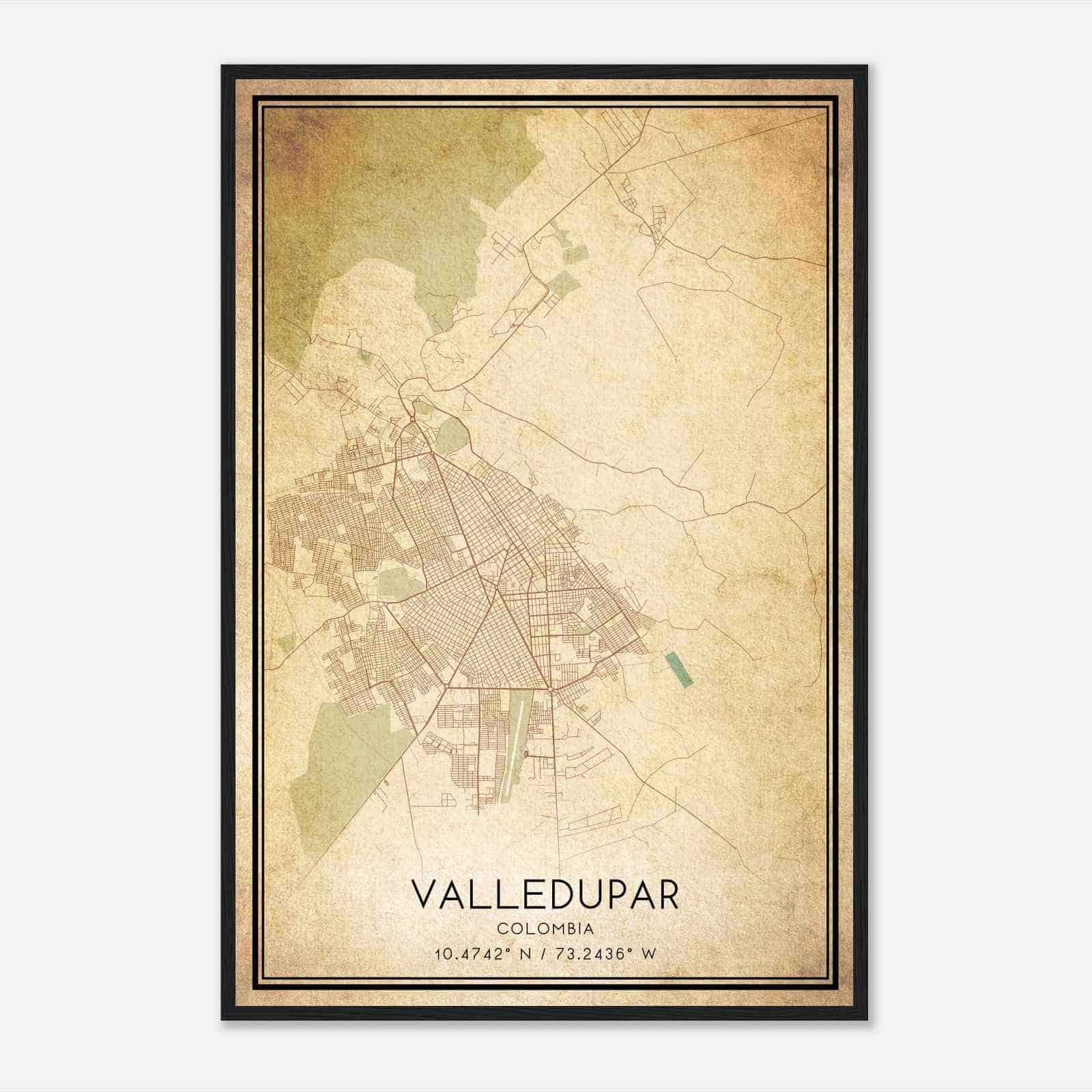 Vintage Valledupar Colombia Map Poster, Valledupar City Road Wall Art Print