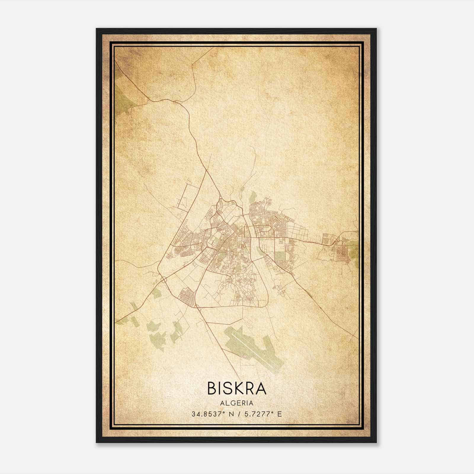 Vintage Biskra Algeria Map Poster, Biskra City Road Wall Art Print