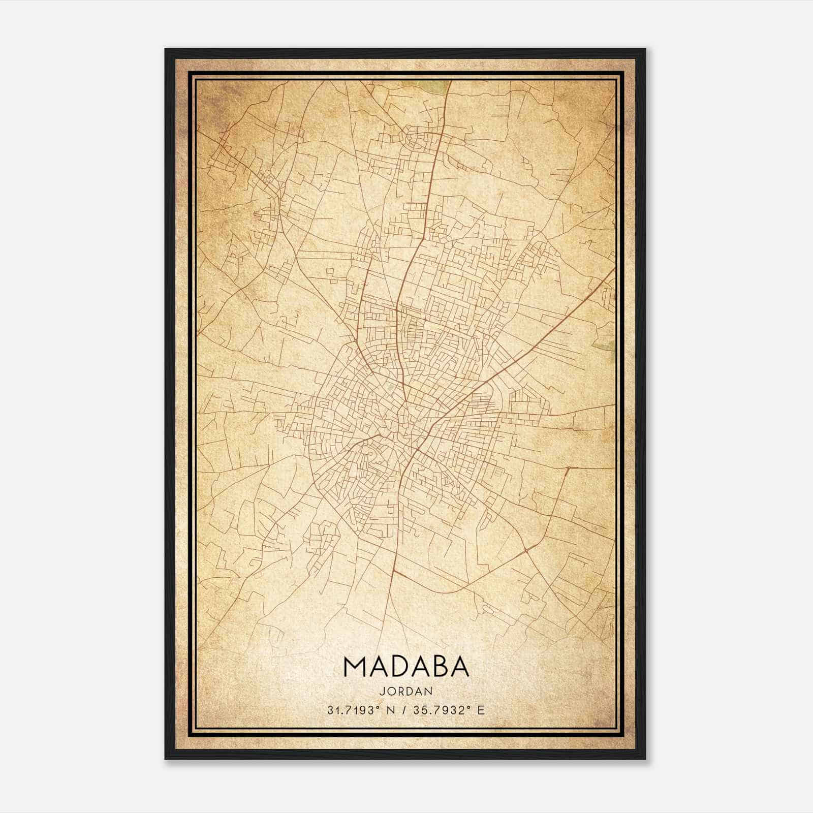 Vintage Madaba Jordan Map Poster, Madaba City Road Wall Art Print