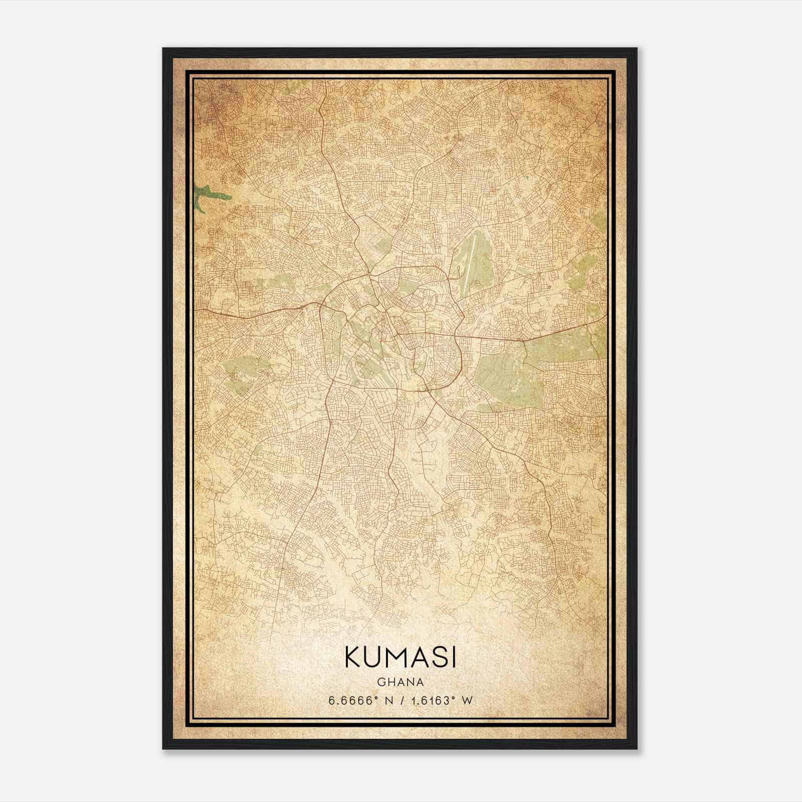 Vintage Kumasi Ghana Map Poster, Kumasi City Road Wall Art Print