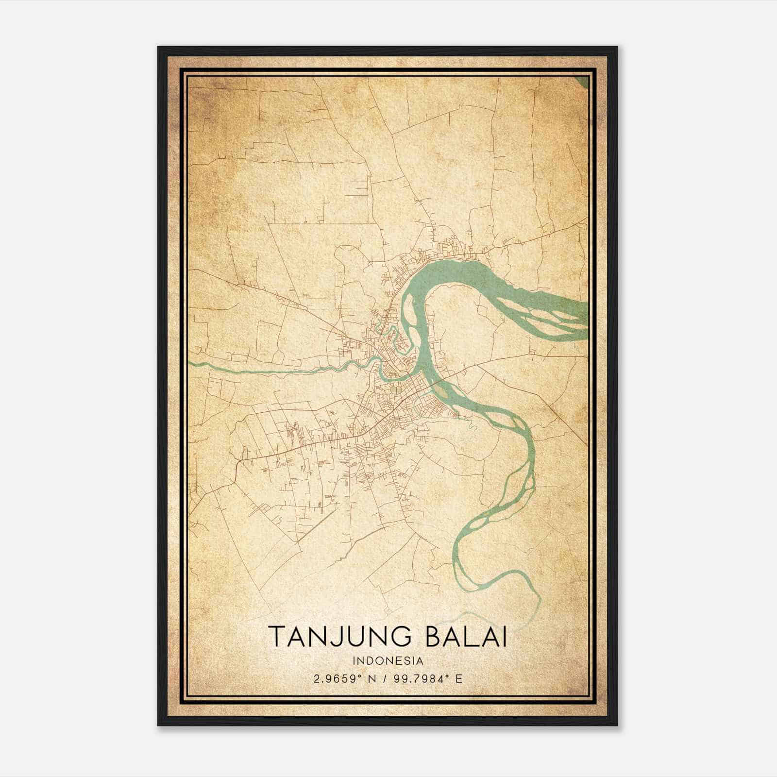 Vintage Tanjung Balai Indonesia Map Poster, Tanjung Balai City Road Wall Art Print
