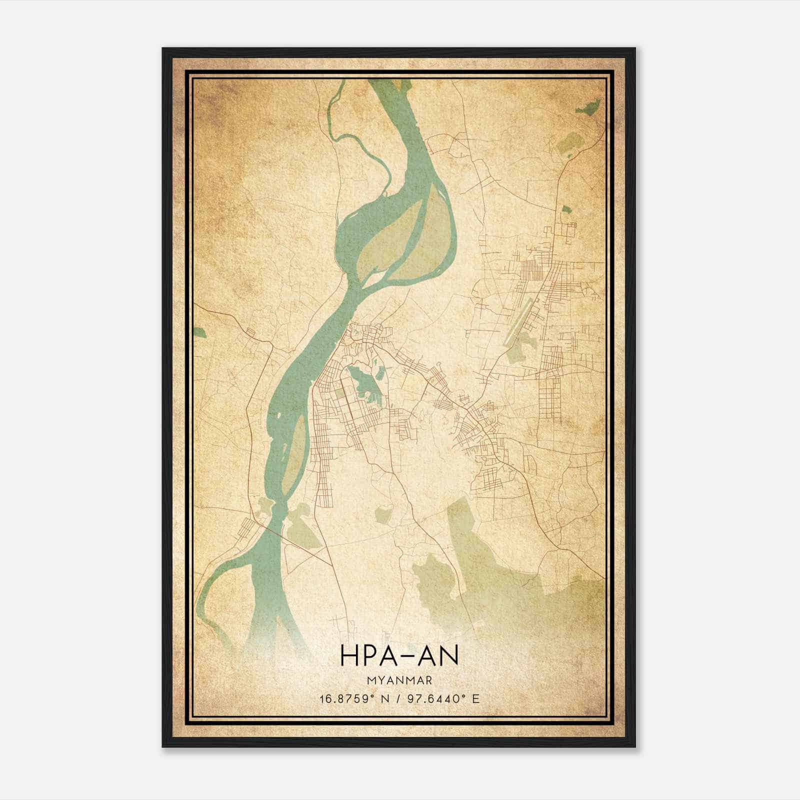Vintage HpaAn Myanmar Map Poster, HpaAn City Road Wall Art Print