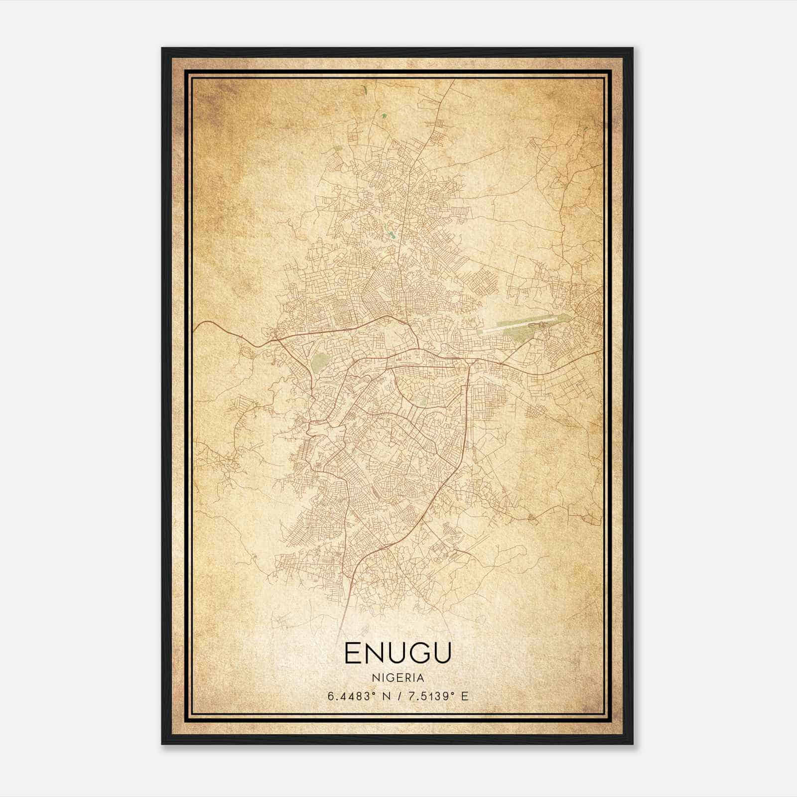 Vintage Enugu Nigeria Map Poster, Enugu City Road Wall Art Print