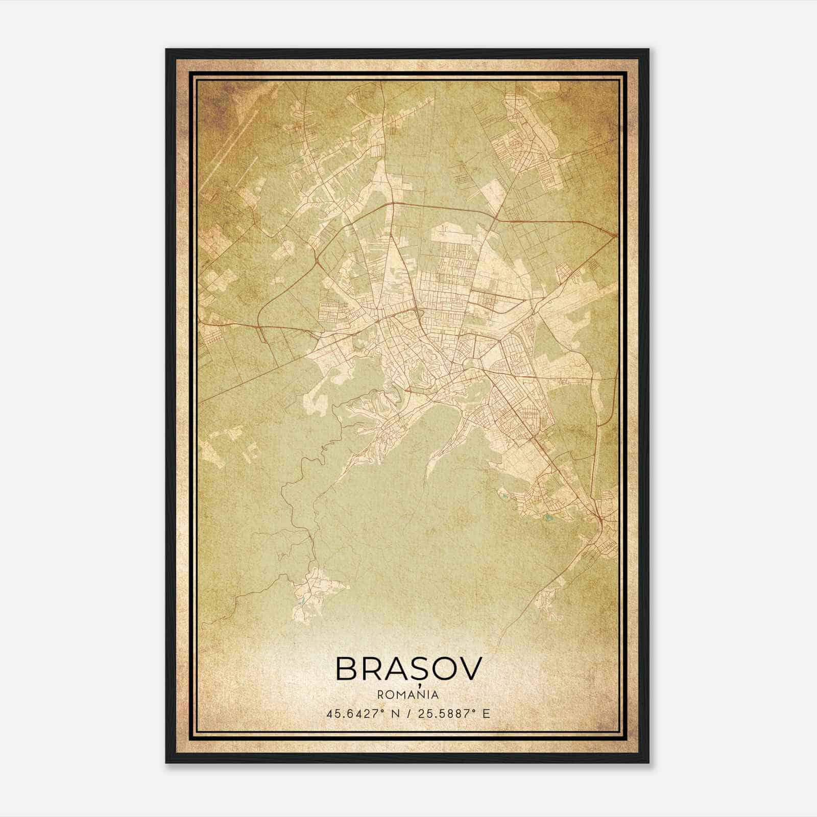 Vintage Brasov Romania Map Poster, Brasov City Road Wall Art Print