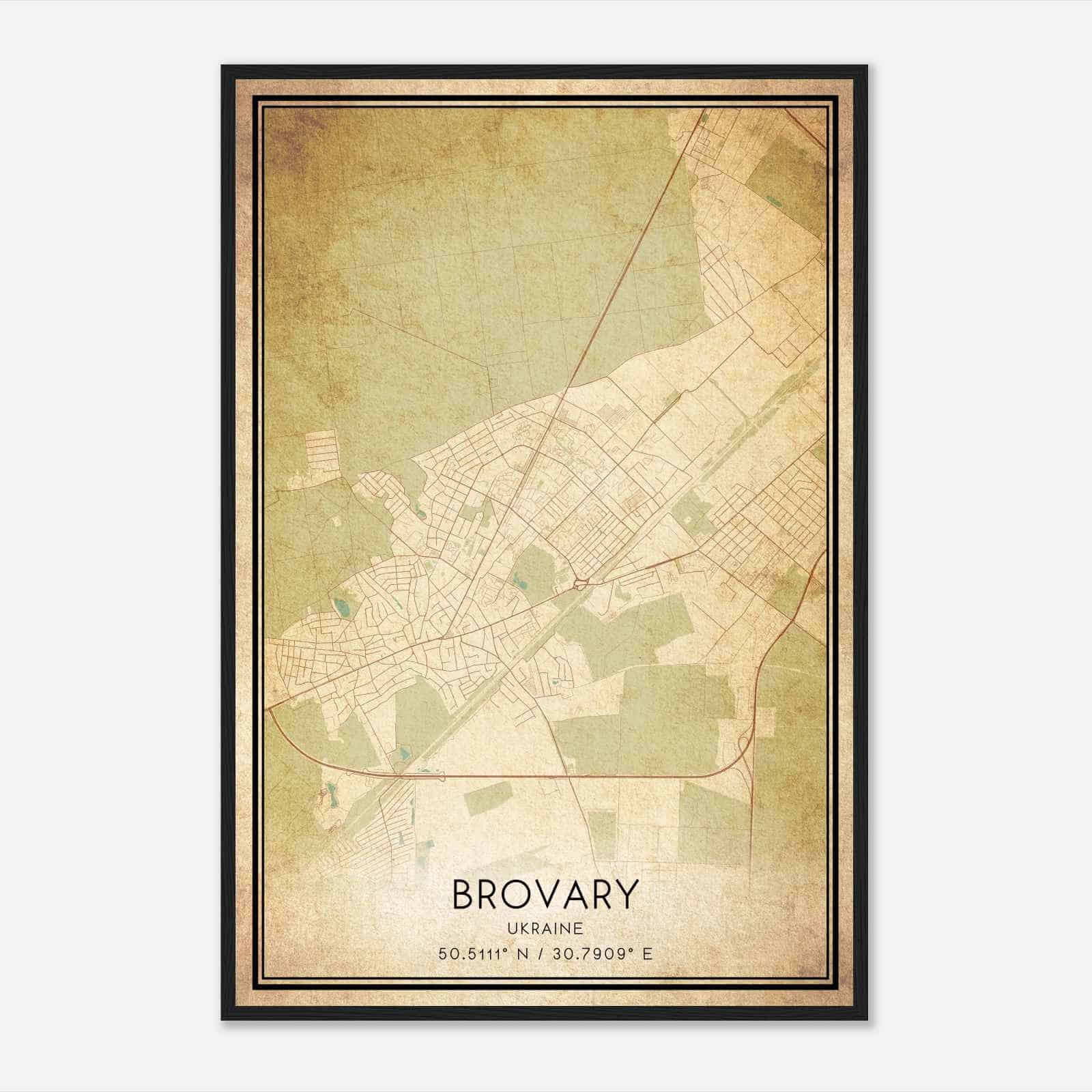 Vintage Brovary Ukraine Map Poster, Brovary City Road Wall Art Print