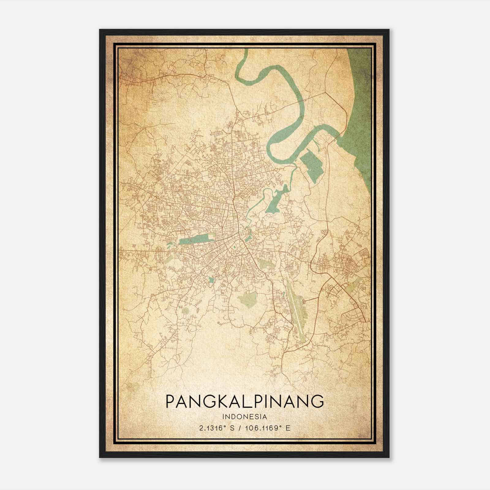 Vintage Pangkalpinang Indonesia Map Poster, Pangkalpinang City Road Wall Art Print
