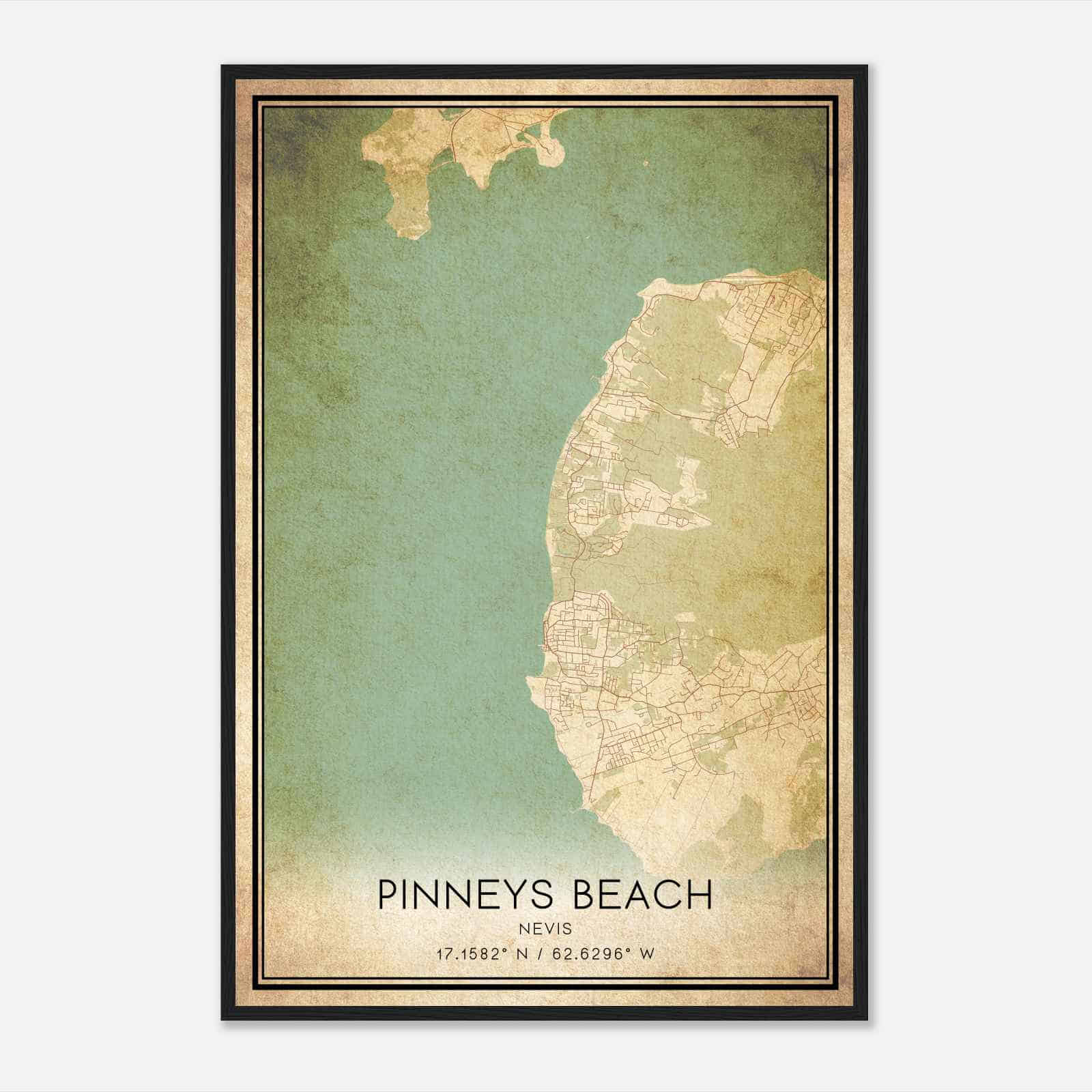Vintage Pinneys beach Nevis Map Poster, Pinneys beach City Road Wall Art Print