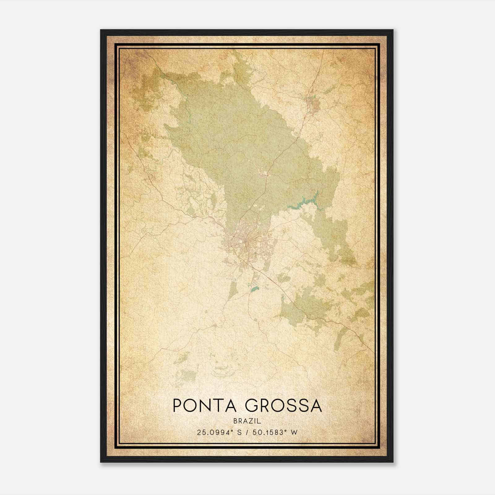 Vintage Ponta Grossa Brazil Map Poster, Ponta Grossa City Road Wall Art Print
