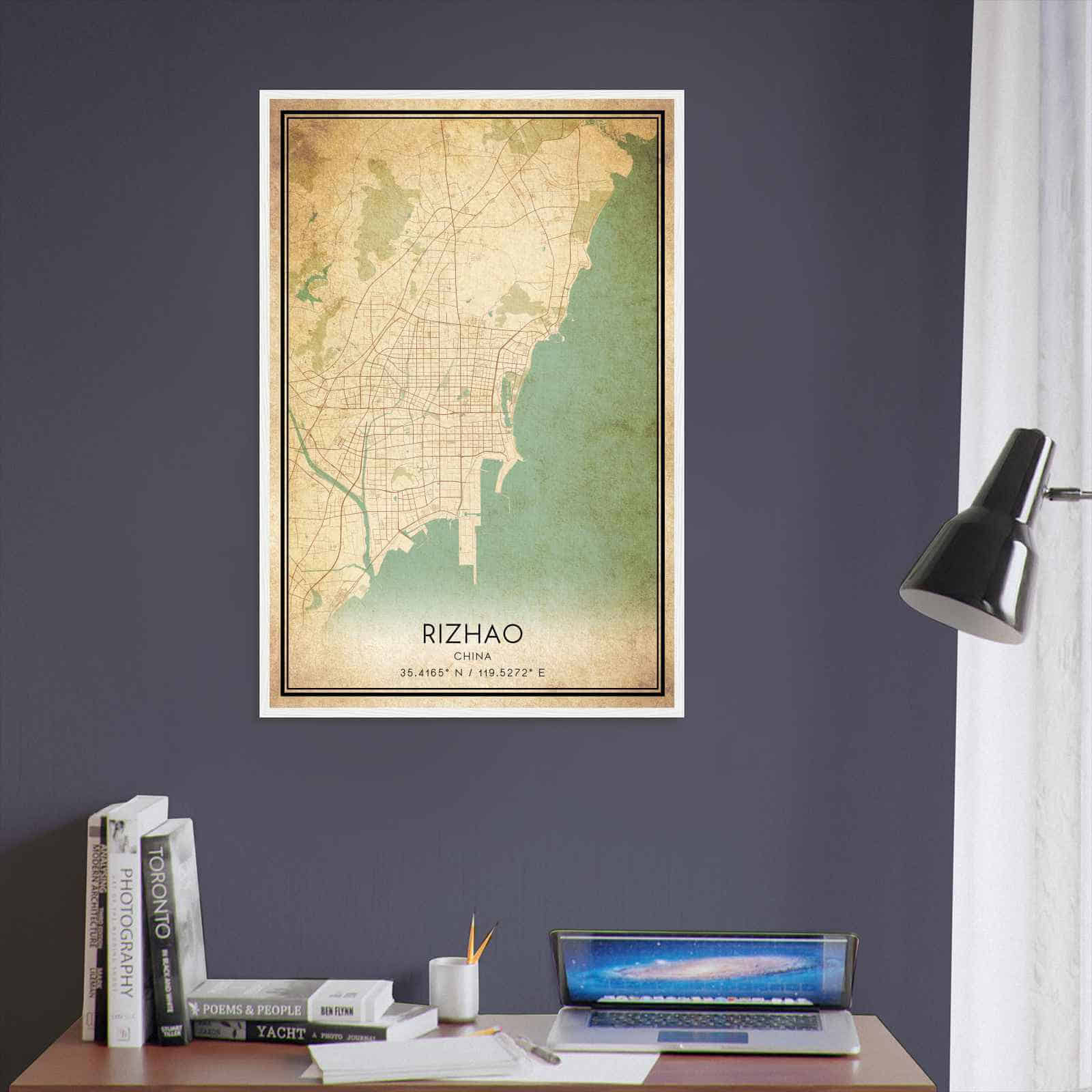 Vintage Rizhao China Map Poster, Rizhao City Road Wall Art Print