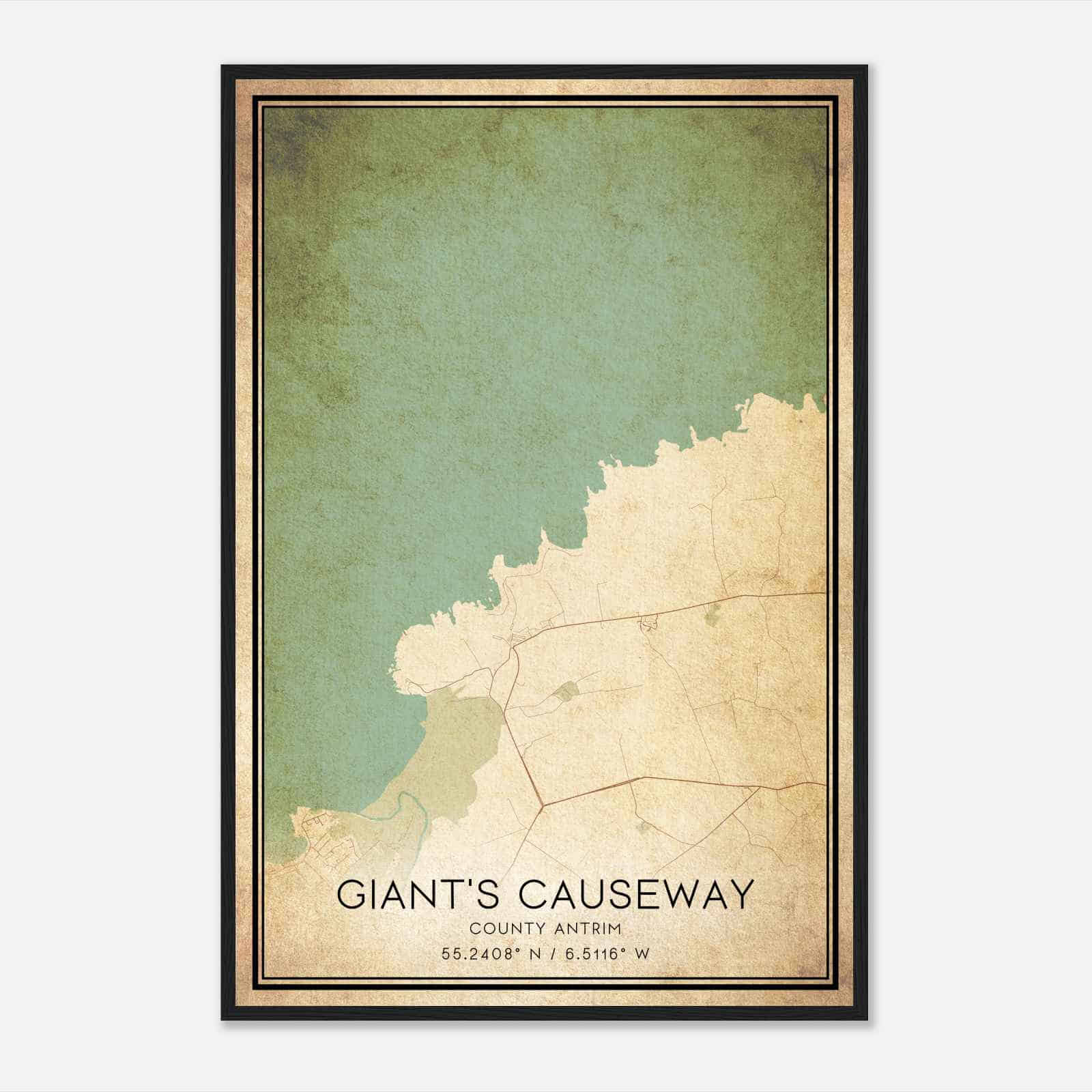 Vintage Giants Causeway County Antrim Map Poster, Giants Causeway City Road Wall Art Print