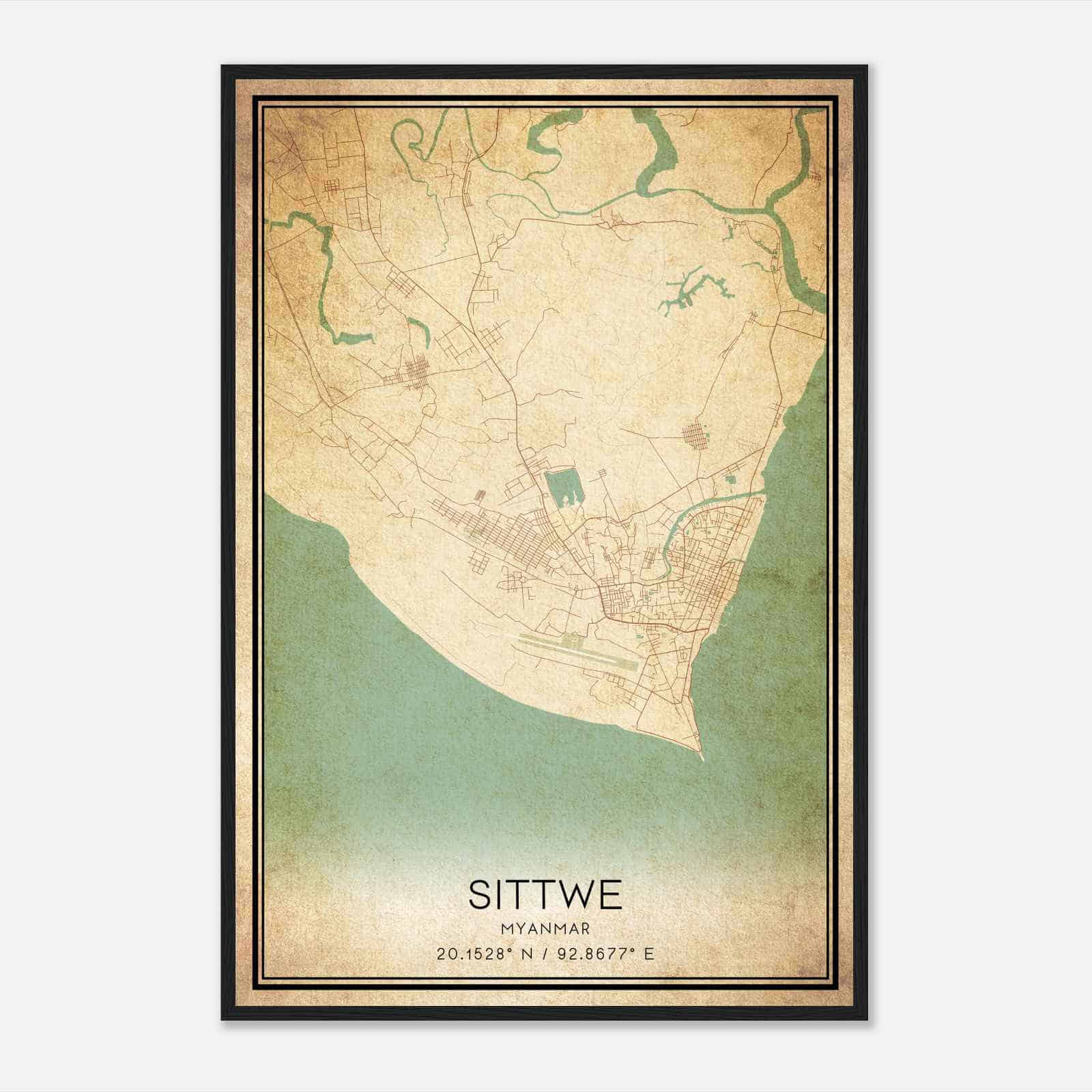 Vintage Sittwe Myanmar Map Poster, Sittwe City Road Wall Art Print