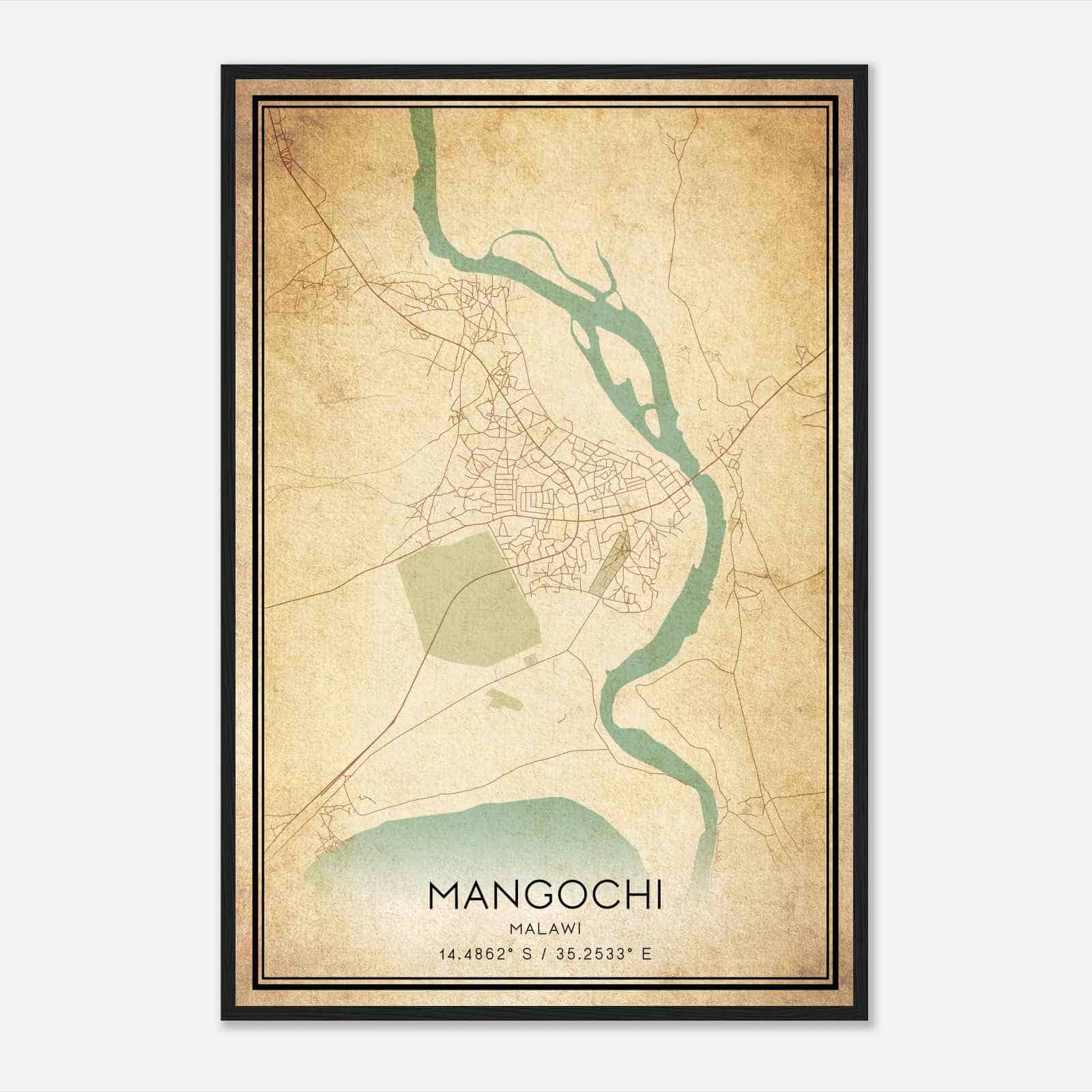 Vintage Mangochi Malawi Map Poster, Mangochi City Road Wall Art Print