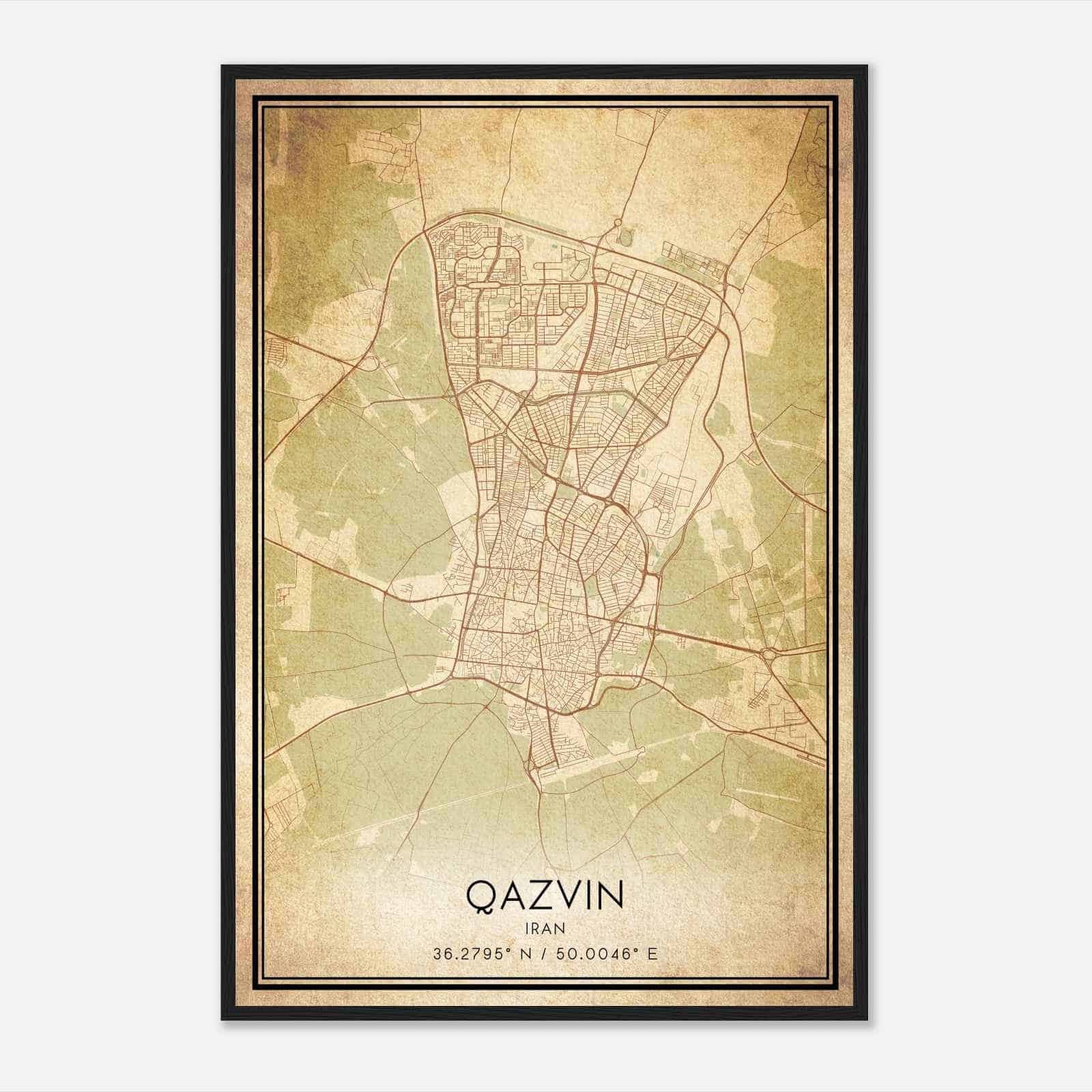 Vintage Qazvin Iran Map Poster, Qazvin City Road Wall Art Print