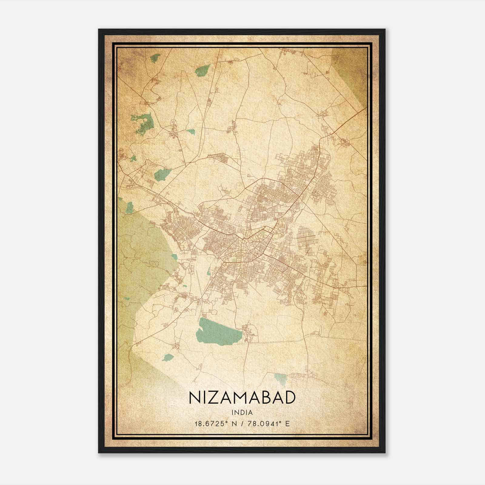 Vintage Nizamabad India Map Poster, Nizamabad City Road Wall Art Print