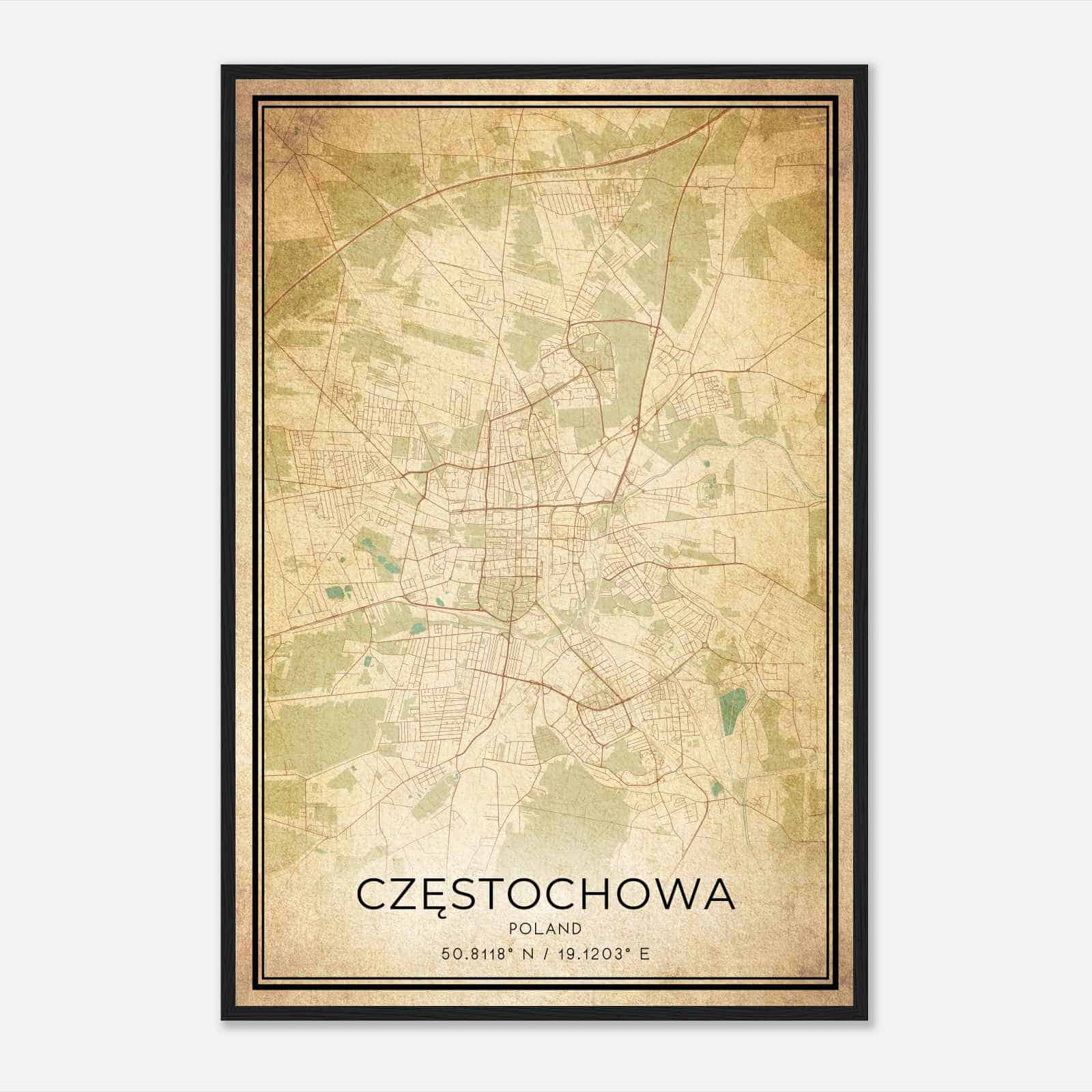 Vintage Czestochowa Poland Map Poster, Czestochowa City Road Wall Art Print