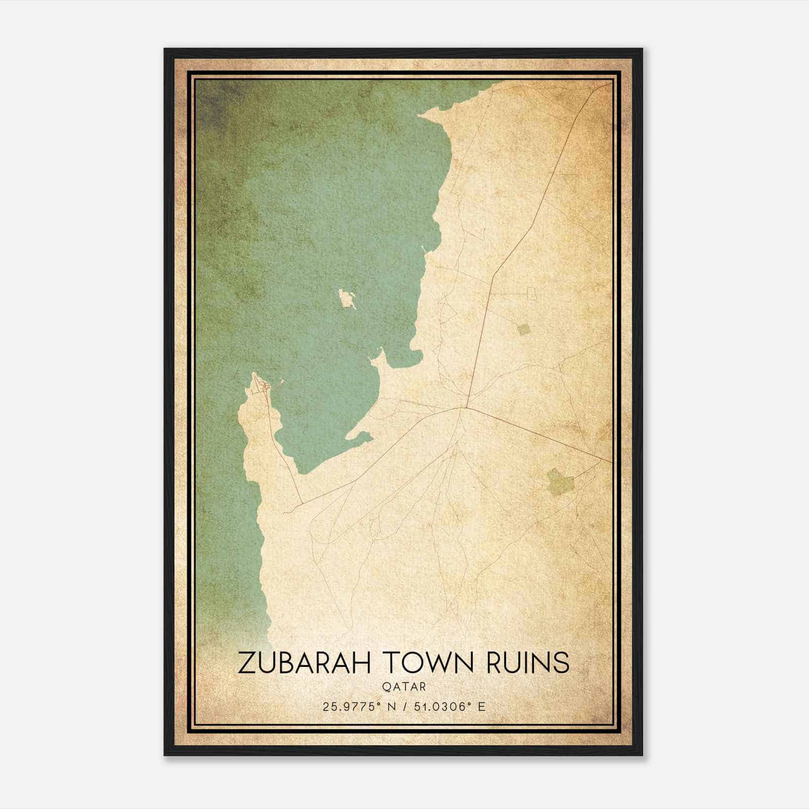 Vintage Zubarah Town ruins Qatar Map Poster, Zubarah Town ruins City Road Wall Art Print