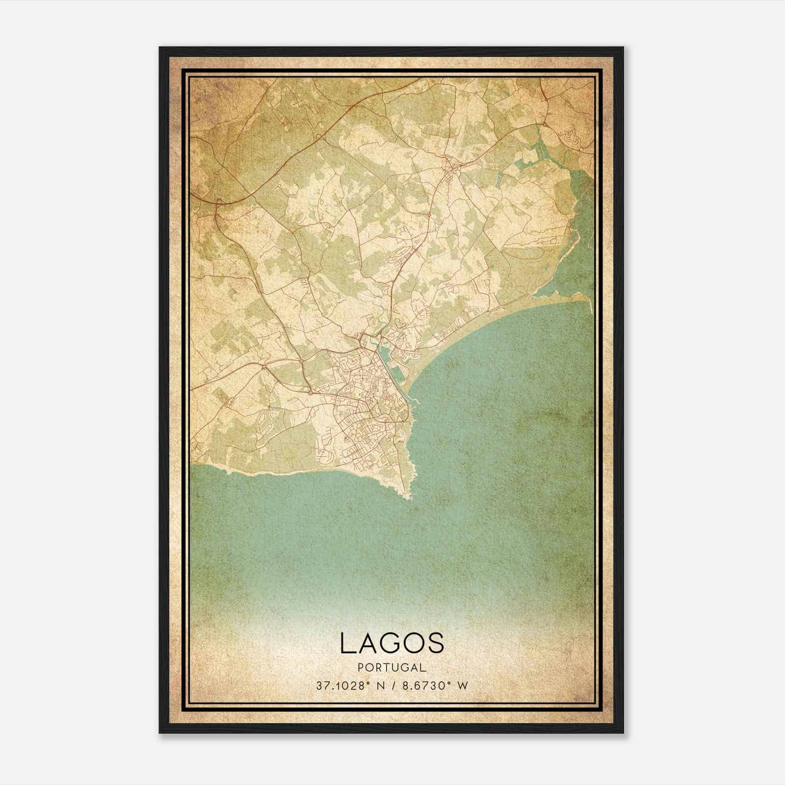 Vintage Lagos Portugal Map Poster, Lagos City Road Wall Art Print
