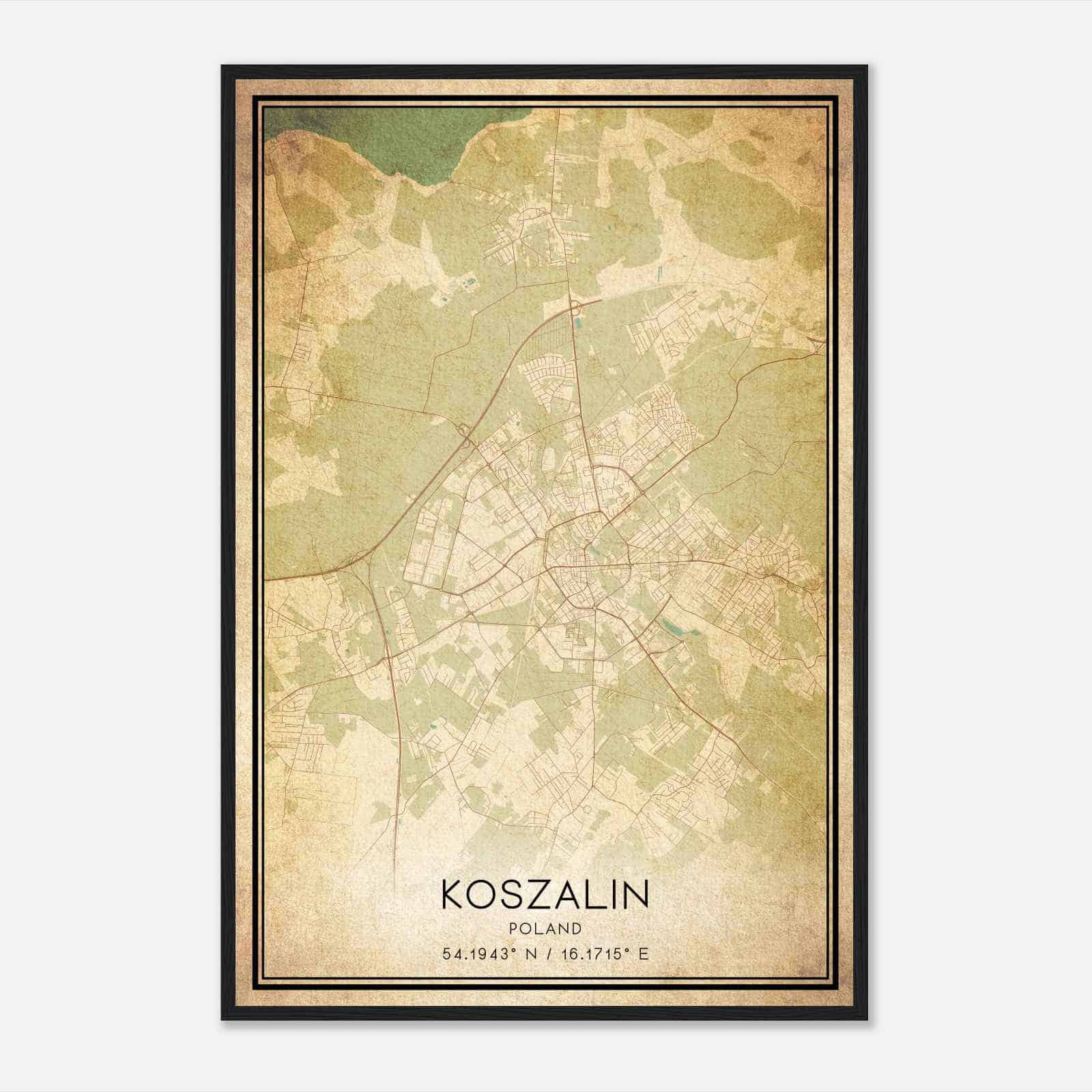 Vintage Koszalin Poland Map Poster, Koszalin City Road Wall Art Print