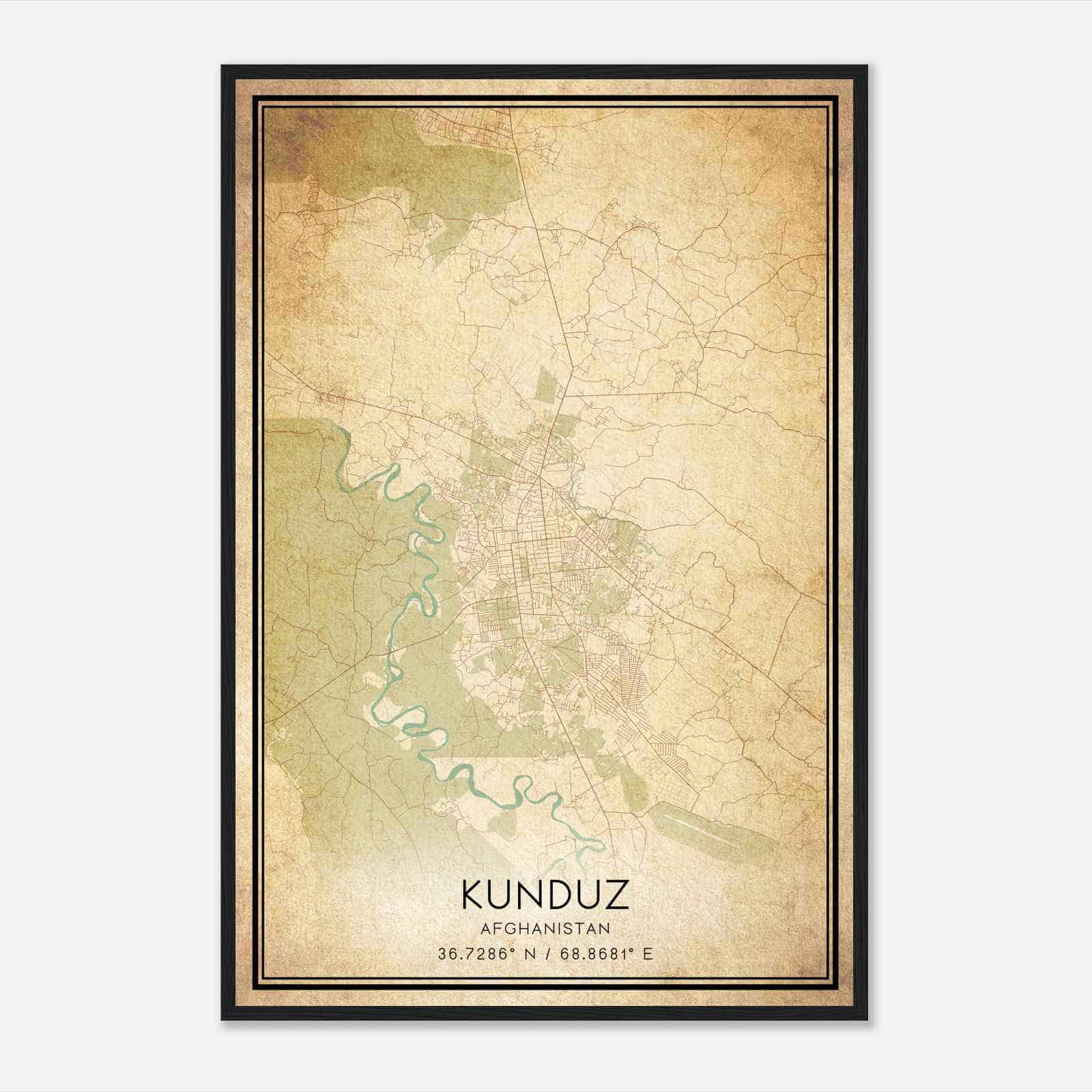 Vintage Kunduz Afghanistan Map Poster, Kunduz City Road Wall Art Print