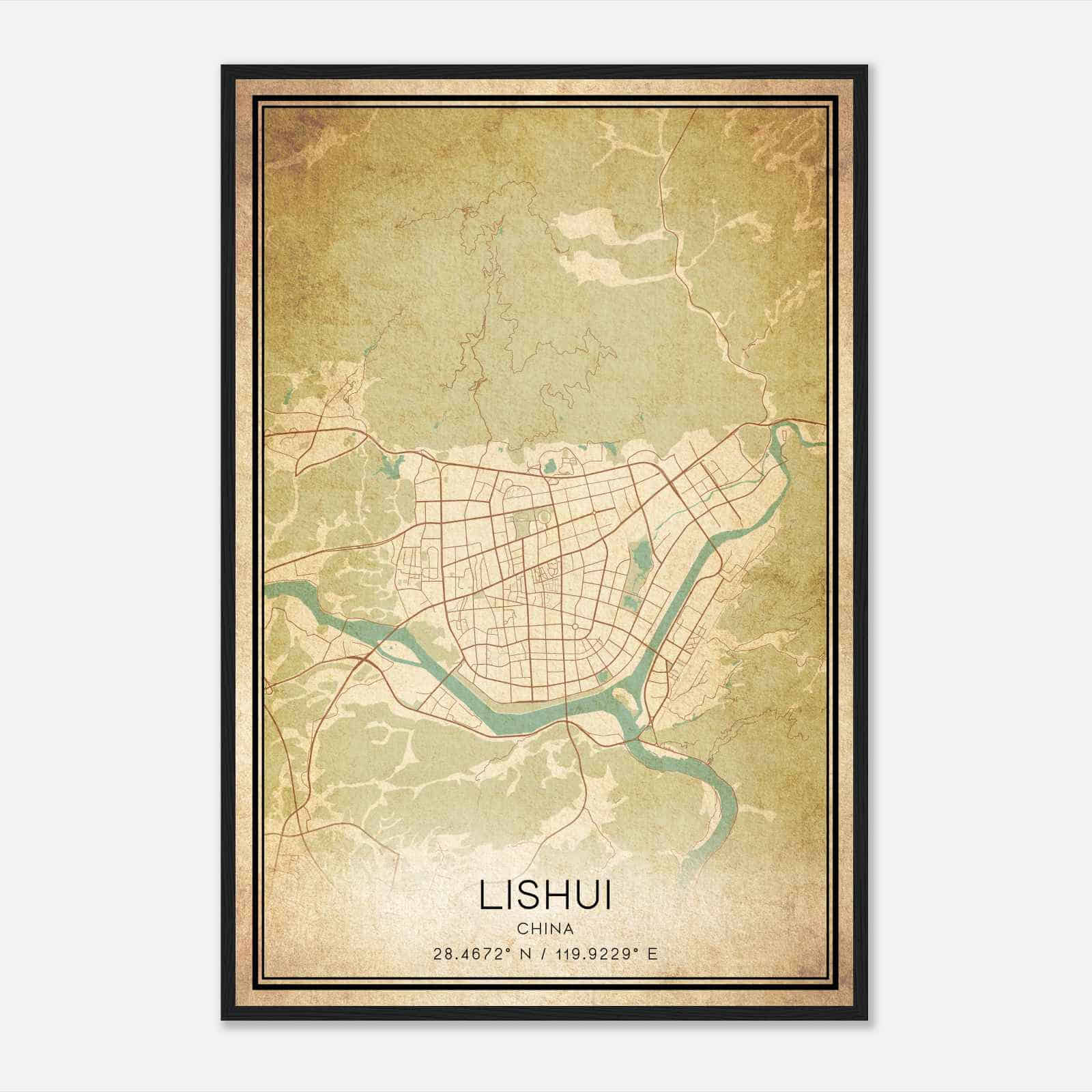 Vintage Lishui China Map Poster, Lishui City Road Wall Art Print