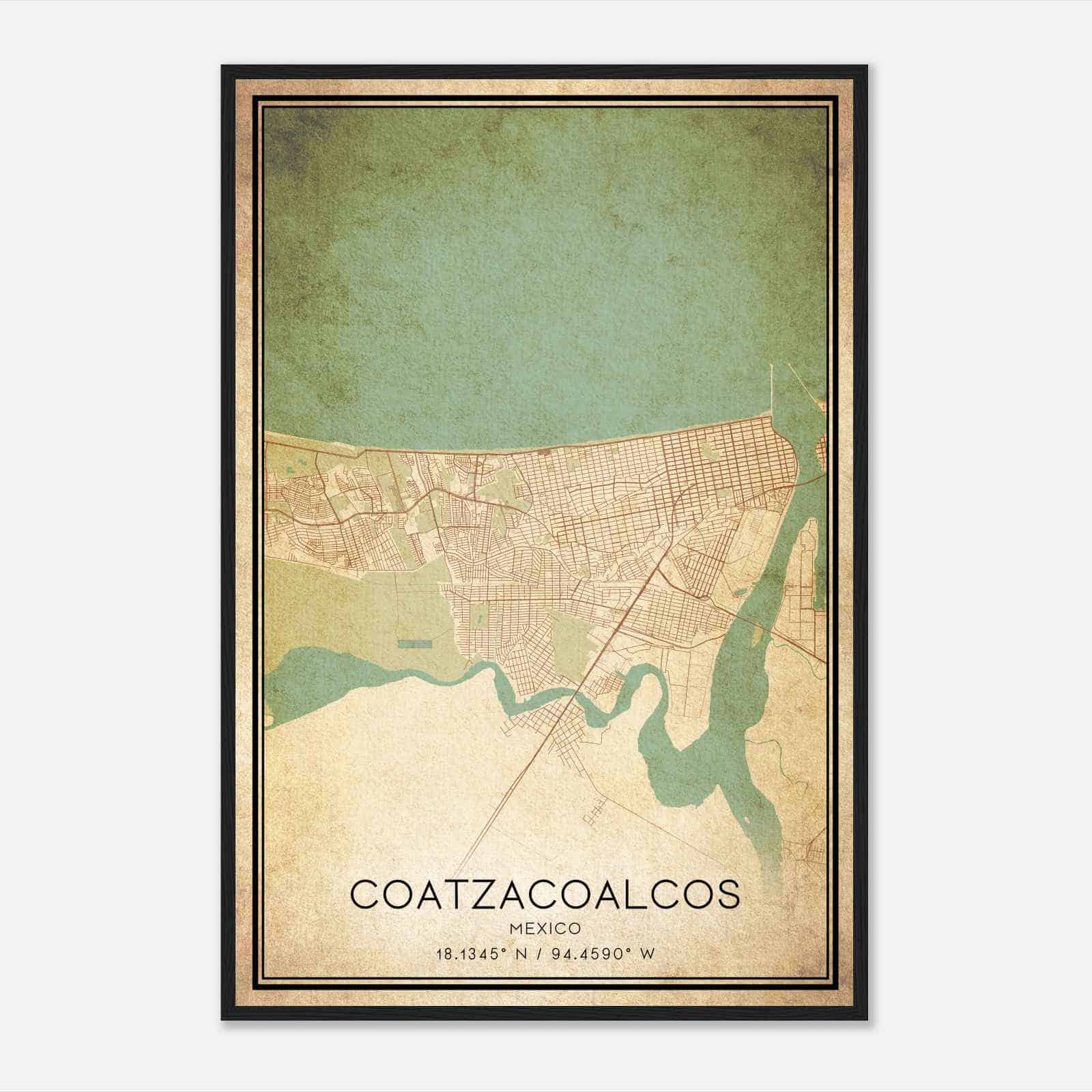 Vintage Coatzacoalcos Mexico Map Poster, Coatzacoalcos City Road Wall Art Print