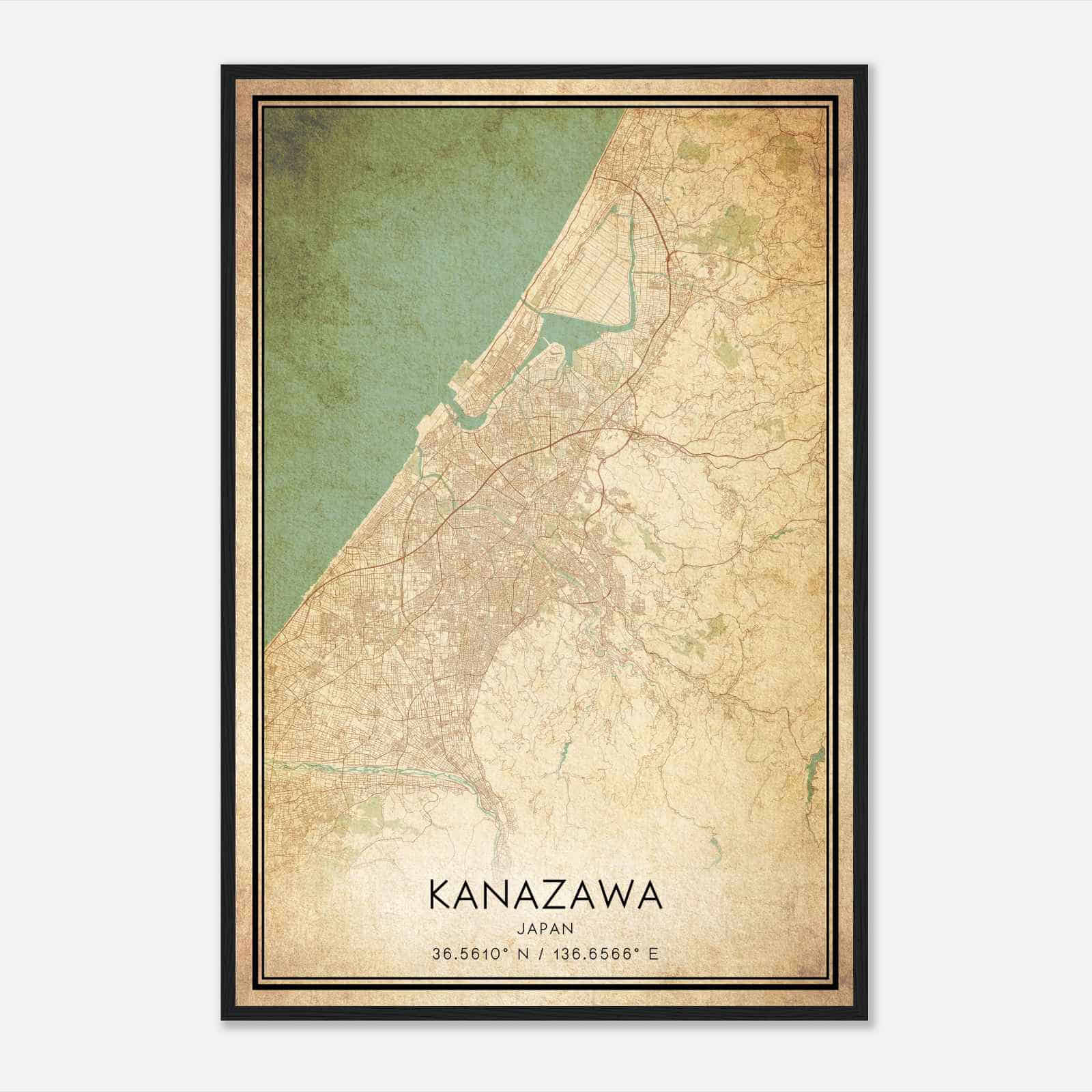 Vintage Kanazawa Japan Map Poster, Kanazawa City Road Wall Art Print