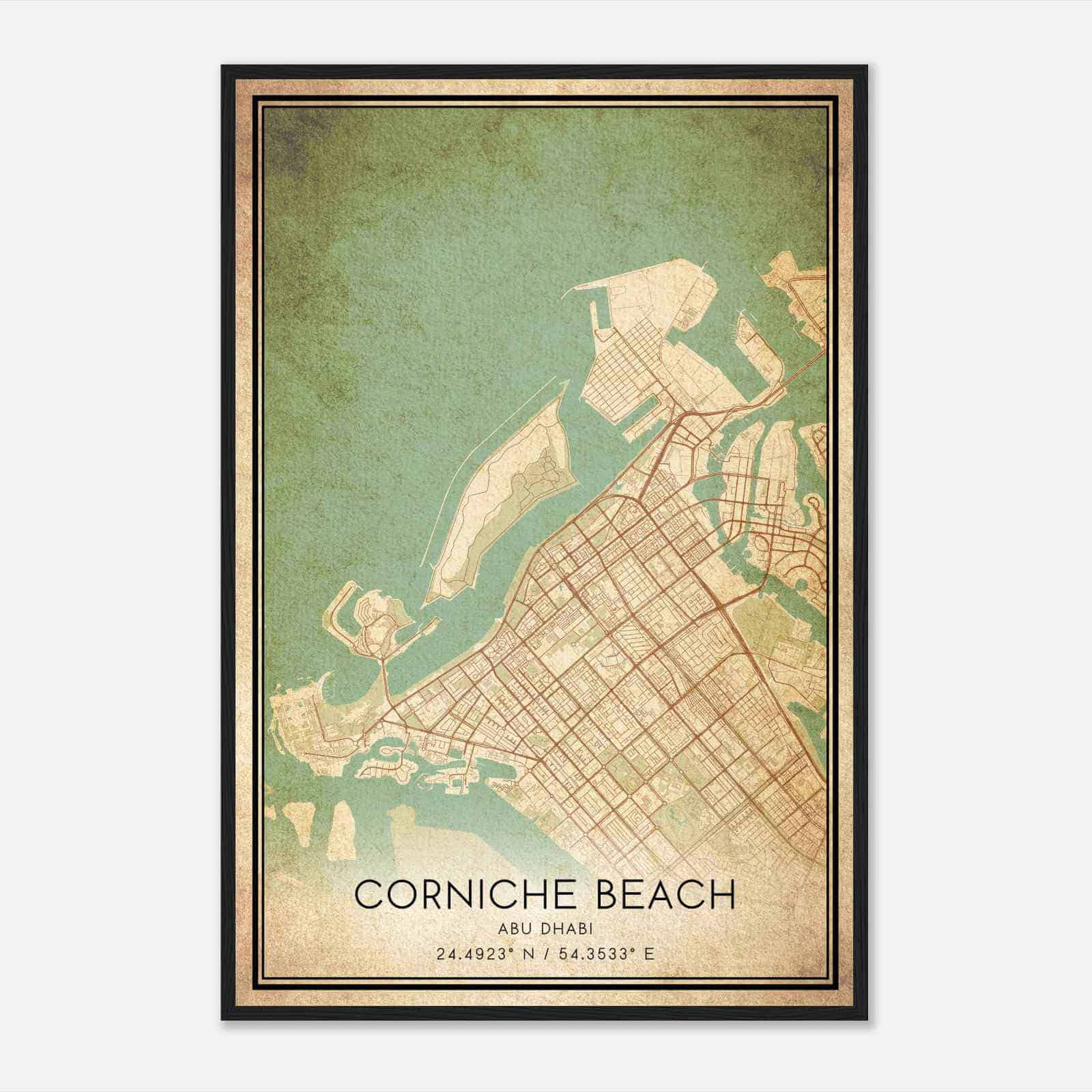 Vintage Corniche Beach Abu Dhabi Map Poster, Corniche Beach City Road Wall Art Print