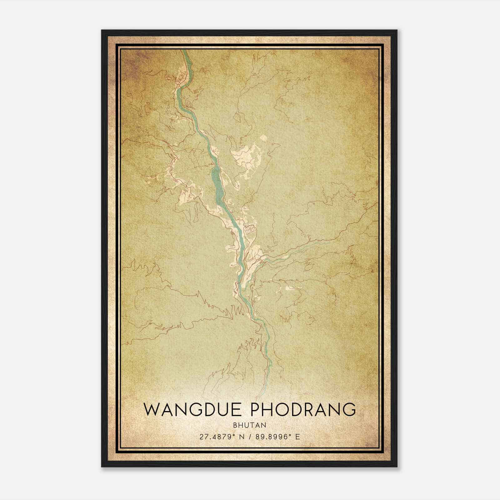 Vintage Wangdue Phodrang Bhutan Map Poster, Wangdue Phodrang City Road Wall Art Print