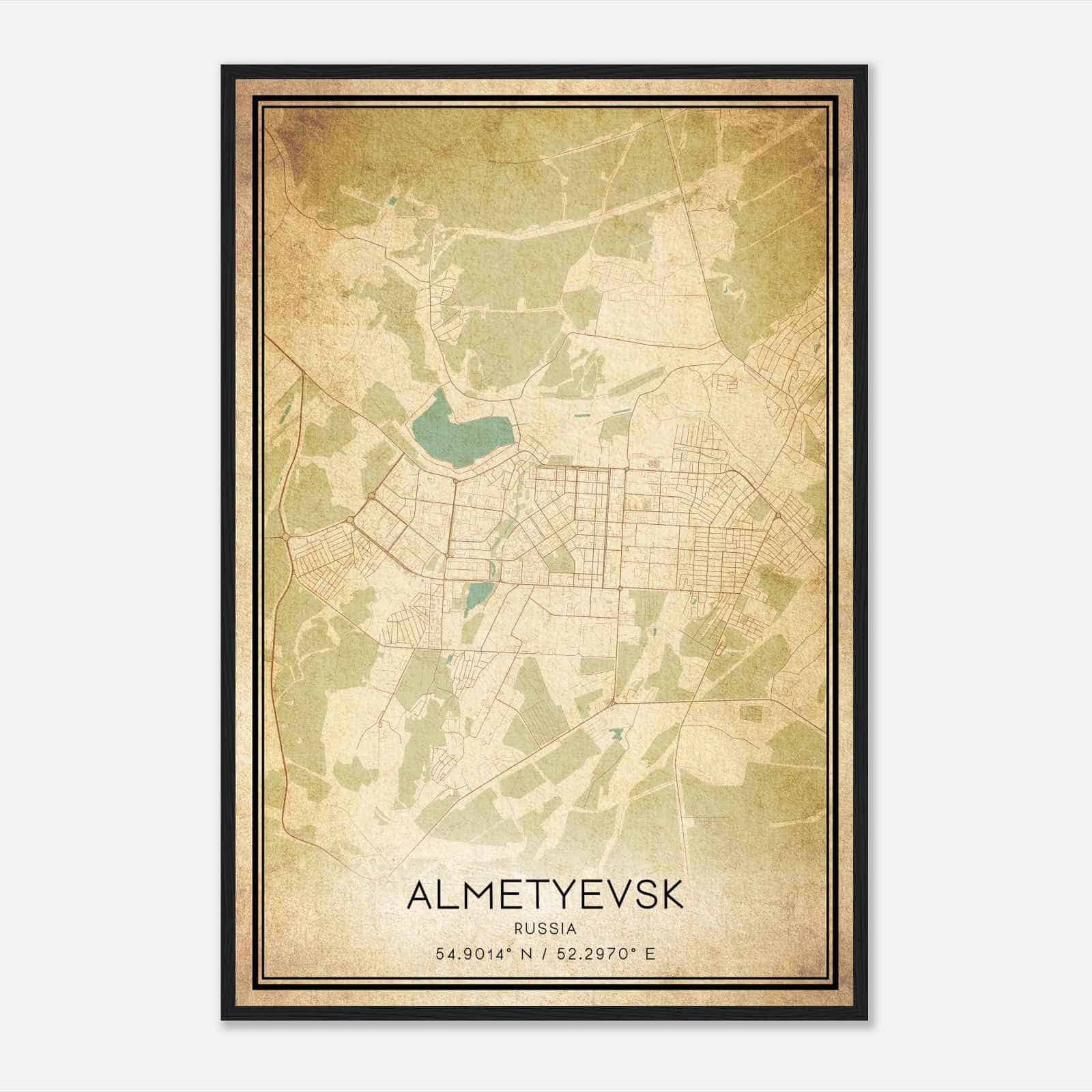 Vintage Almetyevsk Russia Map Poster, Almetyevsk City Road Wall Art Print