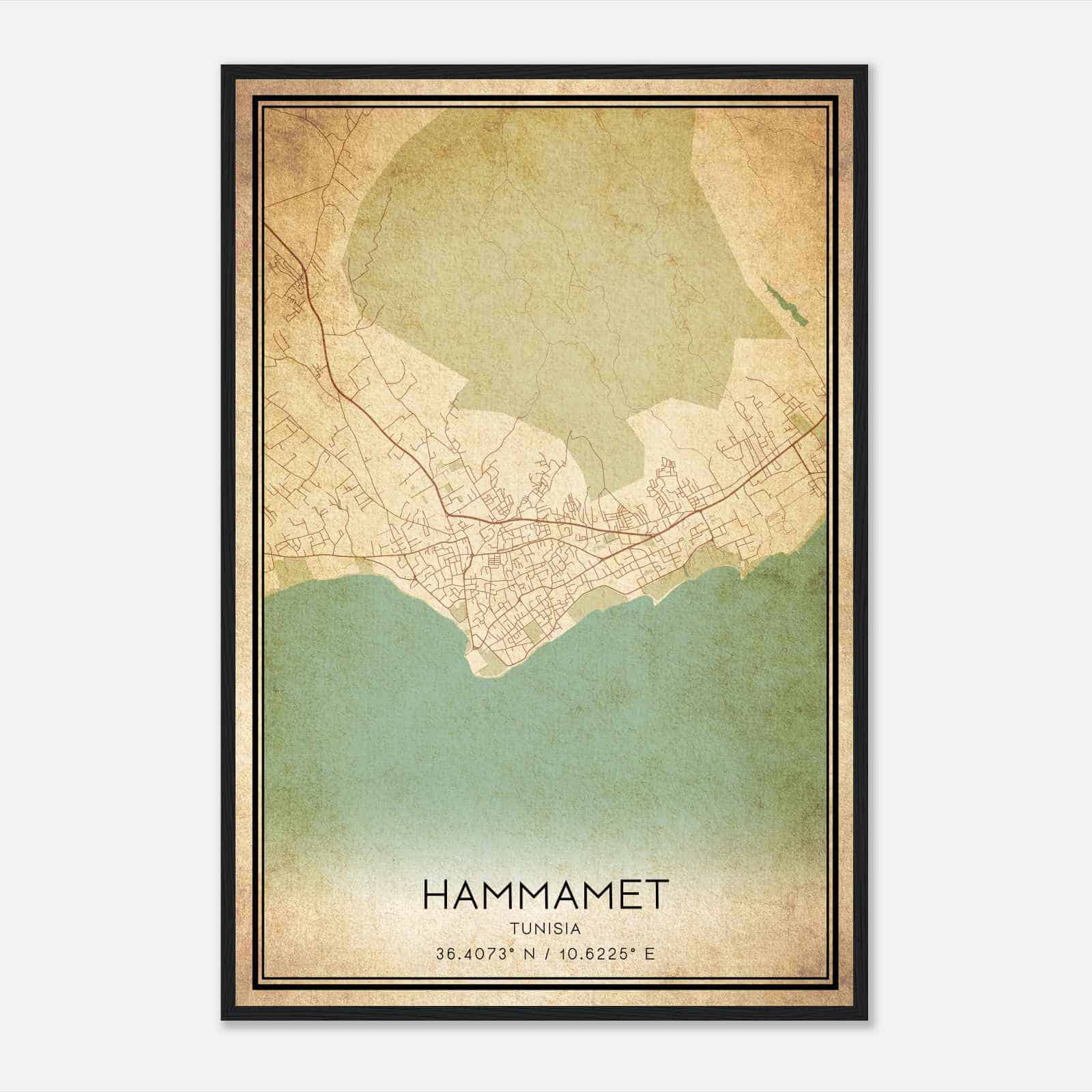 Vintage Hammamet Tunisia Map Poster, Hammamet City Road Wall Art Print