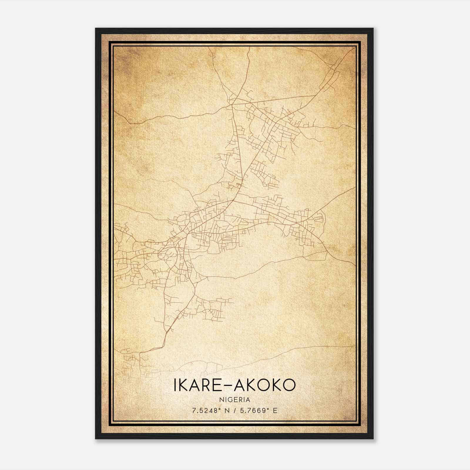 Vintage IkareAkoko Nigeria Map Poster, IkareAkoko City Road Wall Art Print