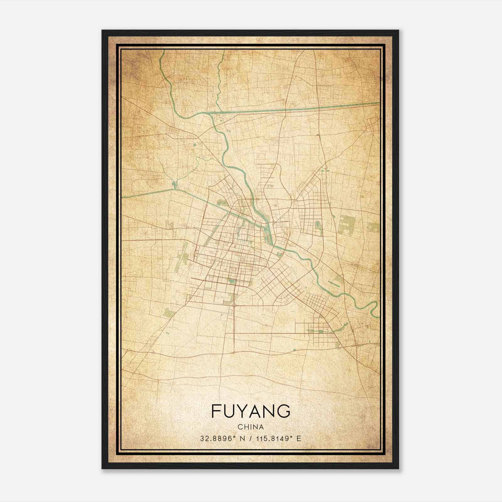Vintage Fuyang China Map Poster, Fuyang City Road Wall Art Print