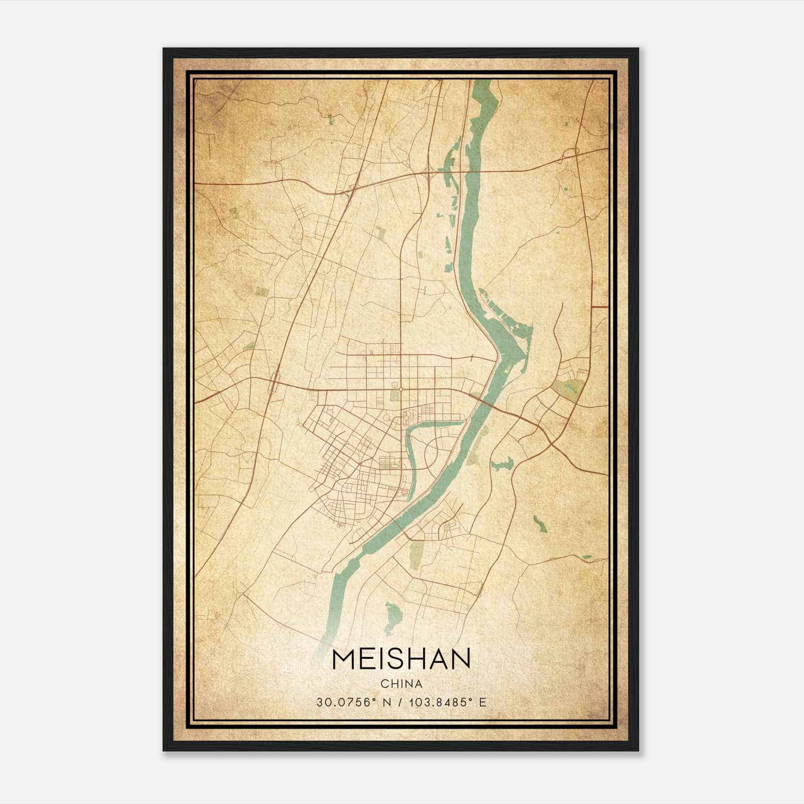 Vintage Meishan China Map Poster, Meishan City Road Wall Art Print