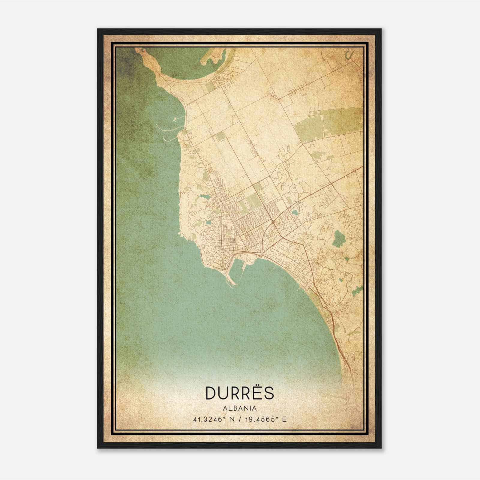 Vintage Durres Albania Map Poster, Durres City Road Wall Art Print