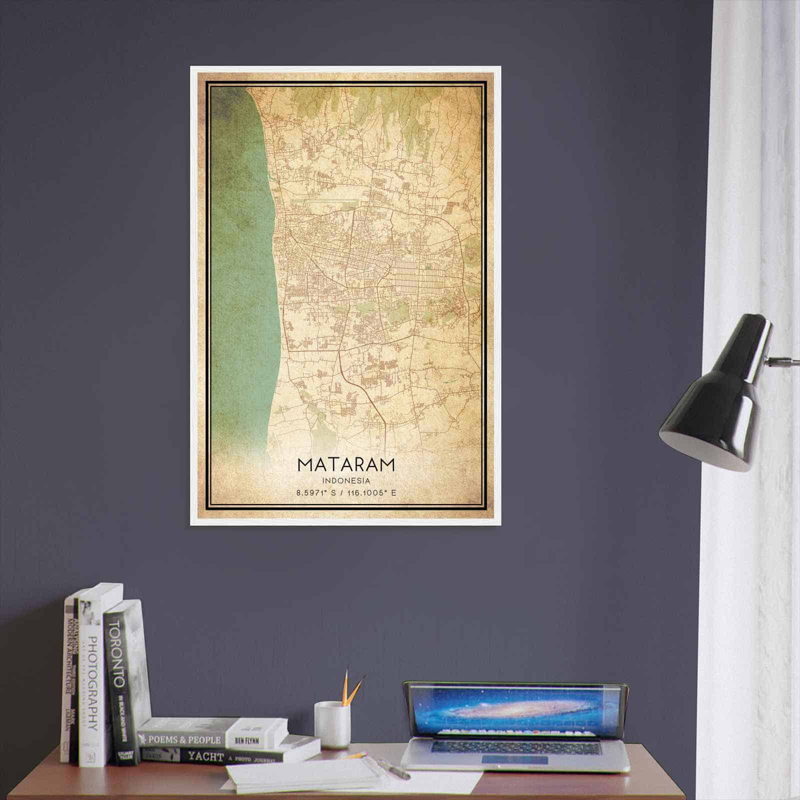 Vintage Mataram Indonesia Map Poster, Mataram City Road Wall Art Print