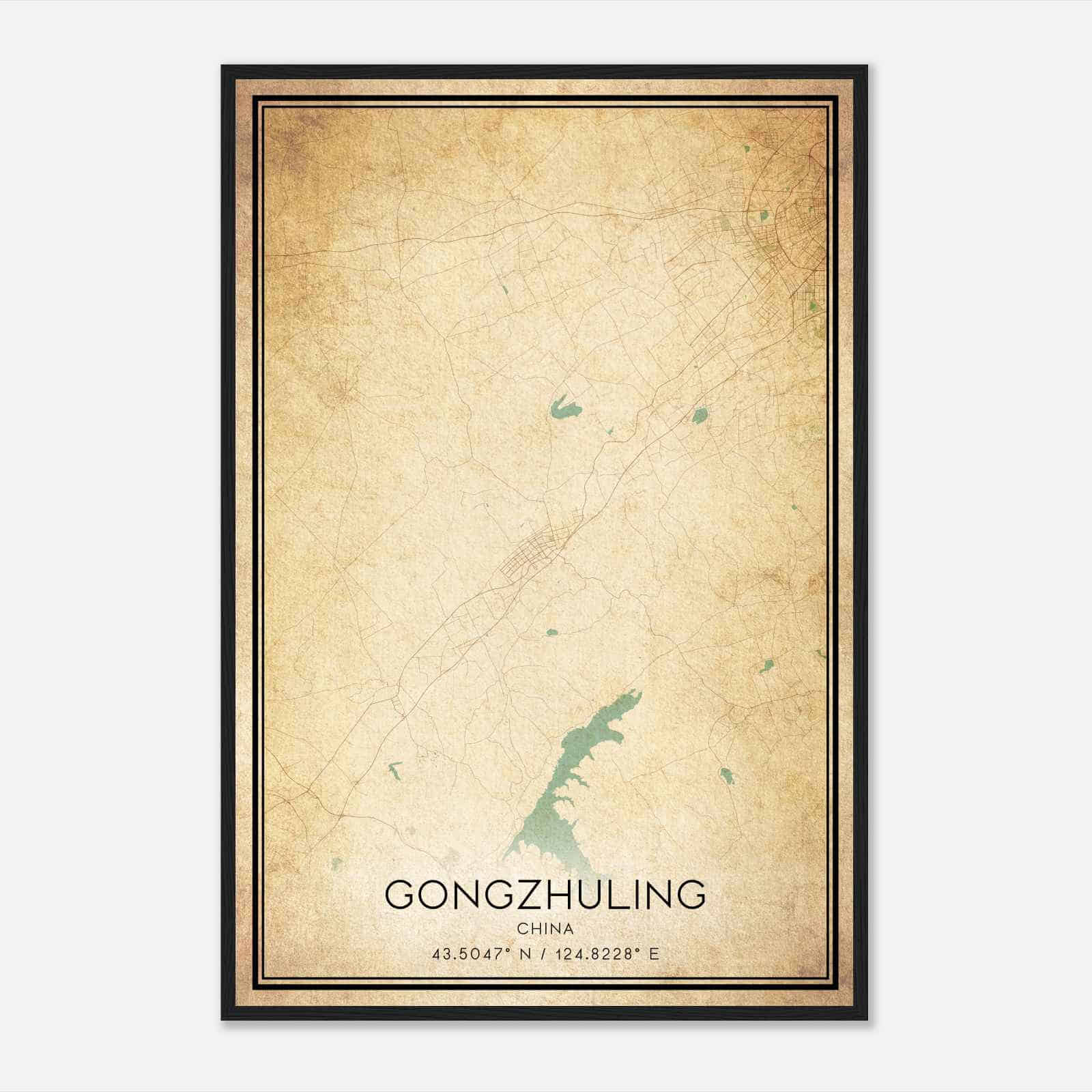 Vintage Gongzhuling China Map Poster, Gongzhuling City Road Wall Art Print