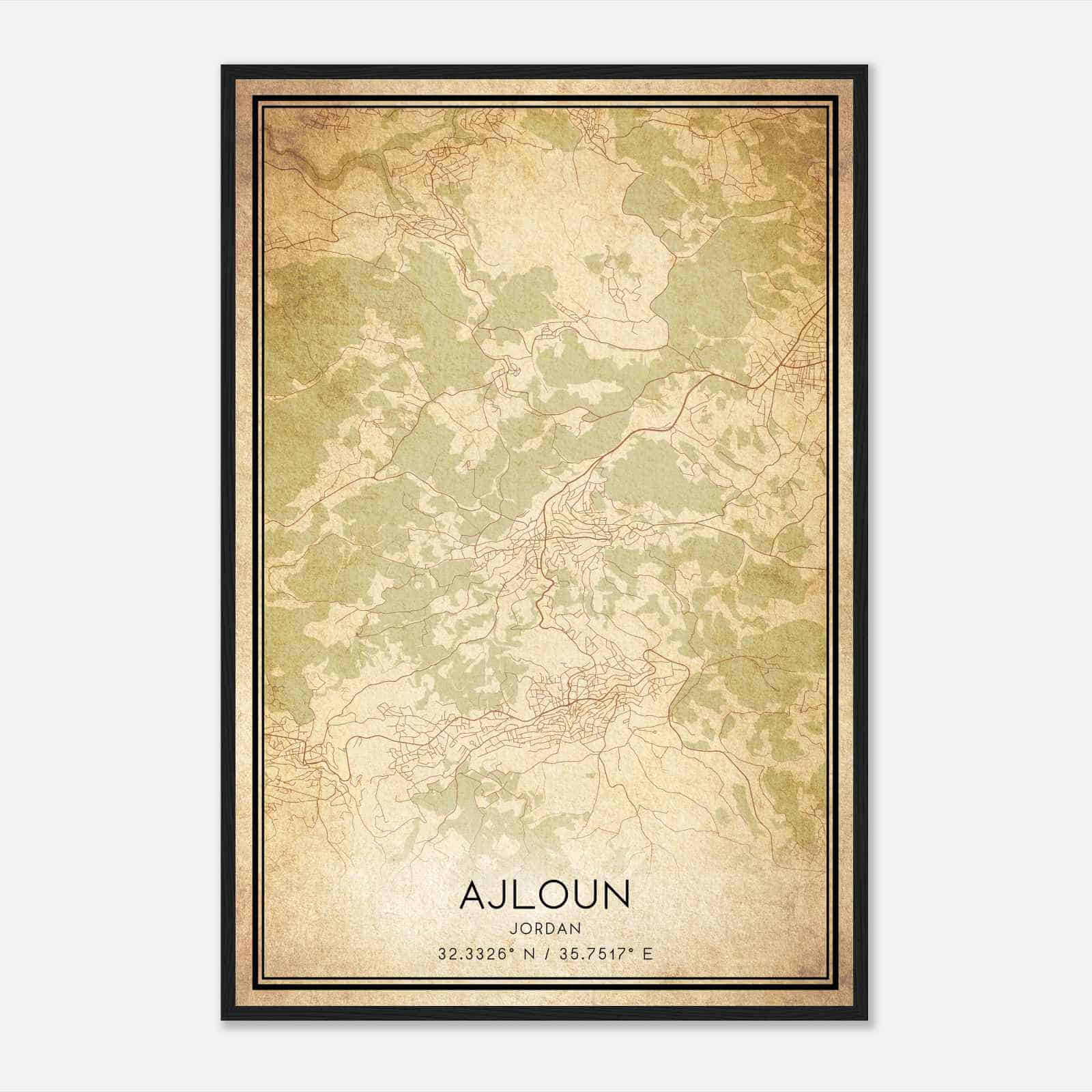 Vintage Ajloun Jordan Map Poster, Ajloun City Road Wall Art Print